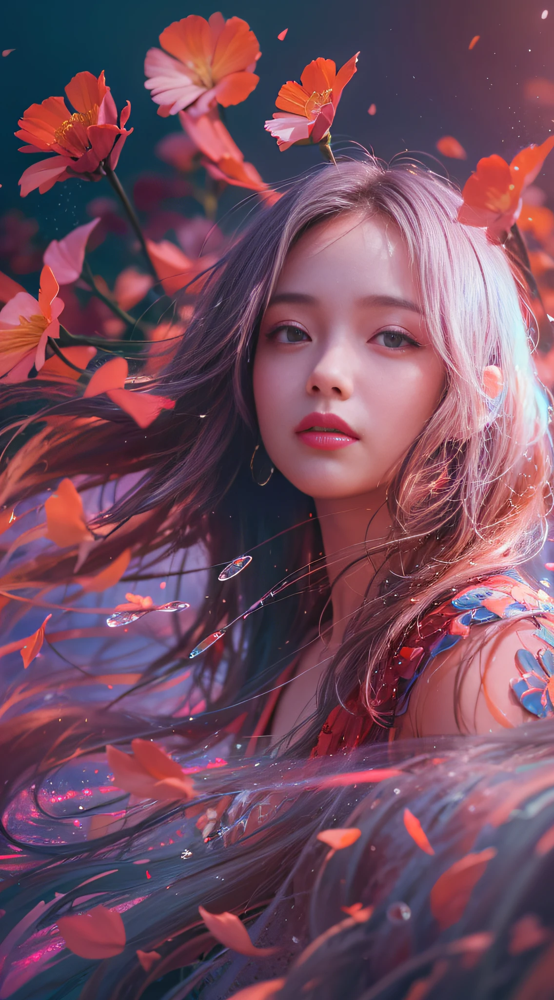 8K, 。...........。.。.。.。.3D, realist, Ultra Micro Photography, of the highest quality, Super Dutter CG Unity 8K,Beautiful woman with water droplets，Neon light，Random background，sunrises，bokha mood, long and loose hair，Petals fall in the wind，Nikon Photo Effects