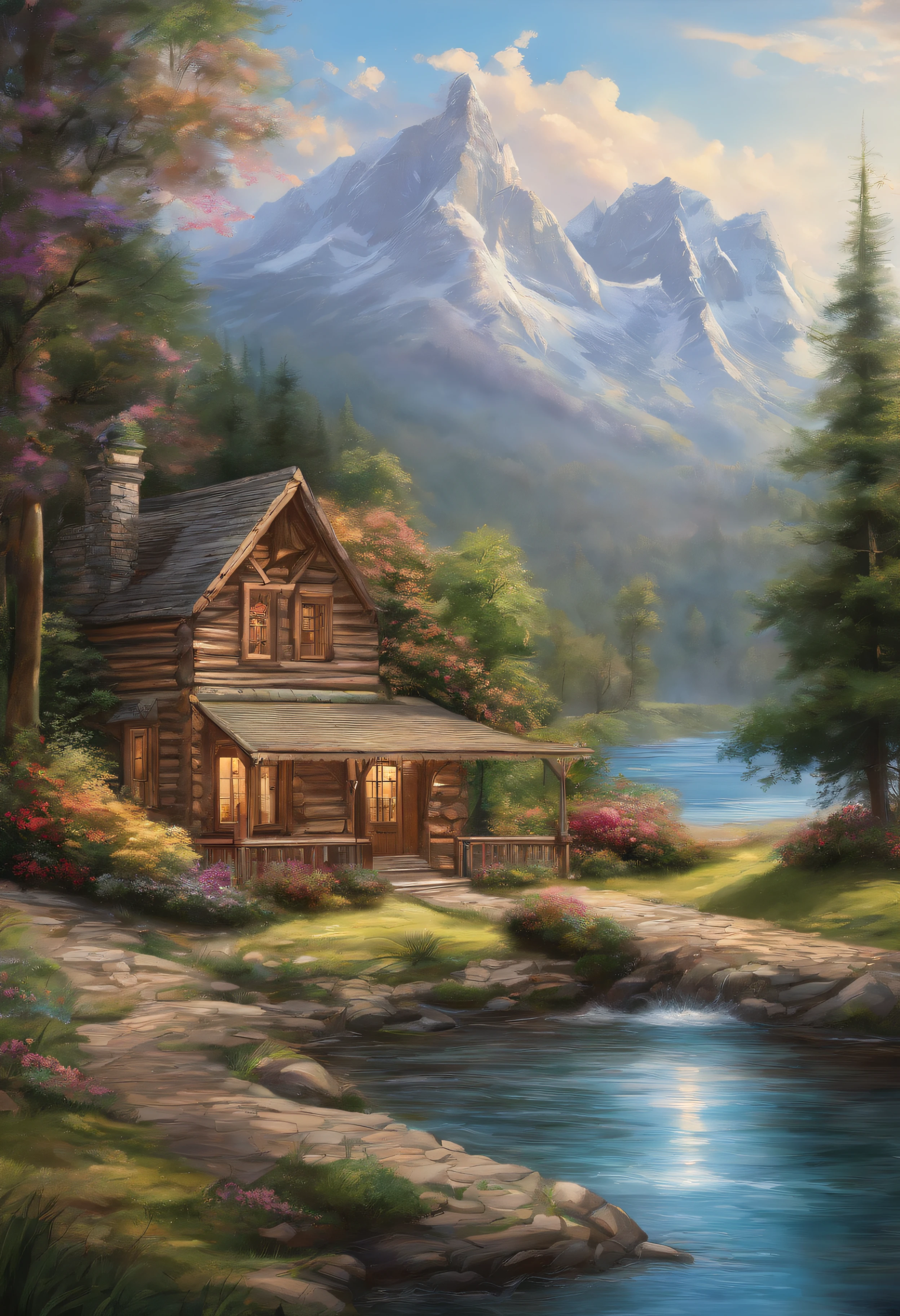 painting of a cabin by a river with a mountain in the background, flowers aside of fence, , peaceful scene, peaceful landscape, in a serene landscape, scenery artwork, highly detailed oil-painting, beautiful oil matte painting, tranquil scene, style of Thomas Kinkade, breathtaking masterpiece of art, dream scenery art, thomas kinkade style painting, 8k high Res, hyper detailed, impasto.