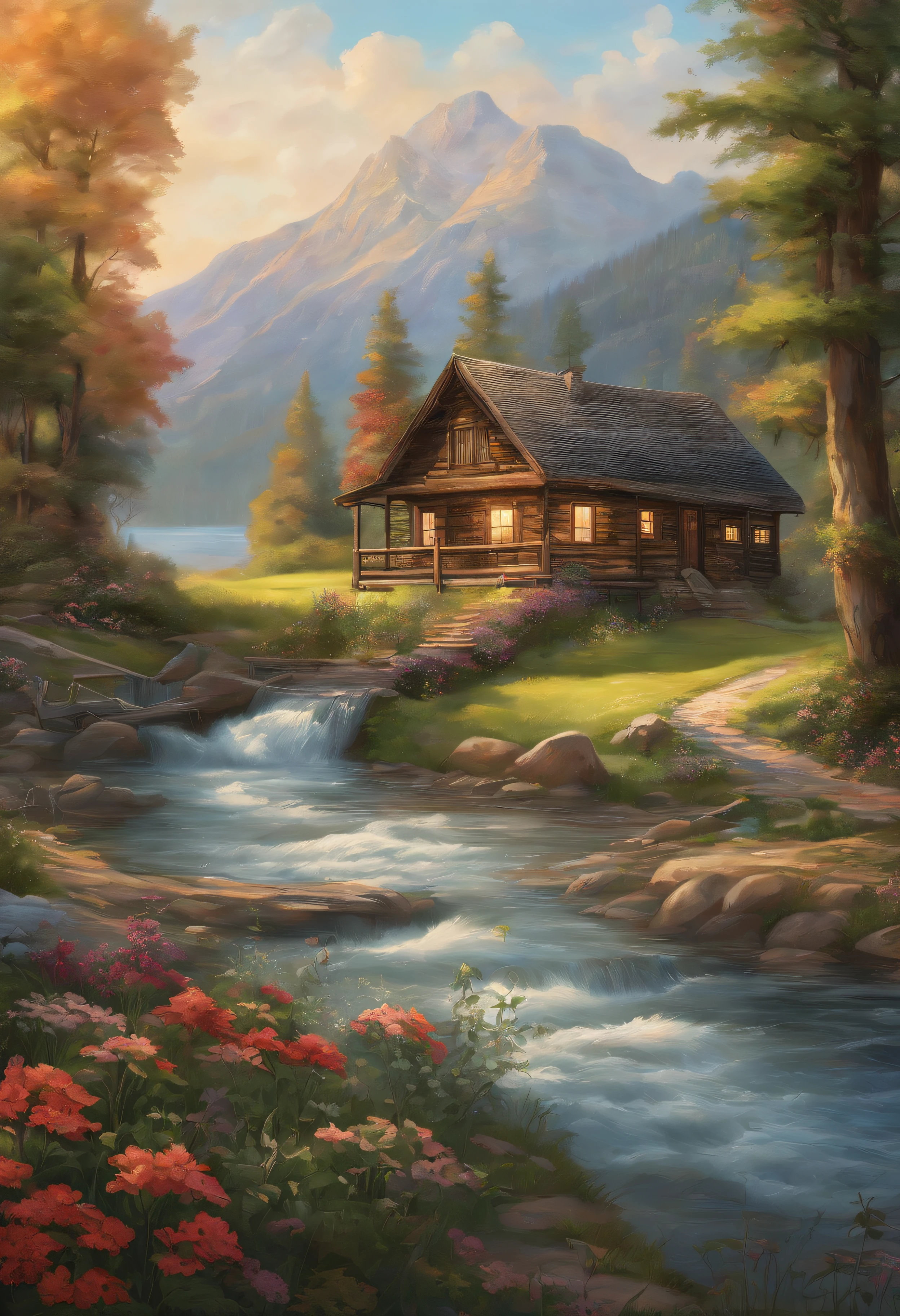 painting of a cabin by a river with a mountain in the background, flowers aside of fence, , peaceful scene, peaceful landscape, in a serene landscape, scenery artwork, highly detailed oil-painting, beautiful oil matte painting, tranquil scene, style of Thomas Kinkade, breathtaking masterpiece of art, dream scenery art, thomas kinkade style painting, 8k high Res, hyper detailed, impasto.