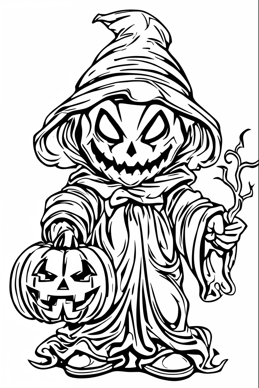a cartoon halloween witch with a pumpkin and a broom, line - art, the reaper as a scary, black and white vector art, line art colouring page, fine line art, clipart, line art, clean line art, intense line art, scary ghost, bold line art, ghastly, clean lineart, holding a jack - o - lantern