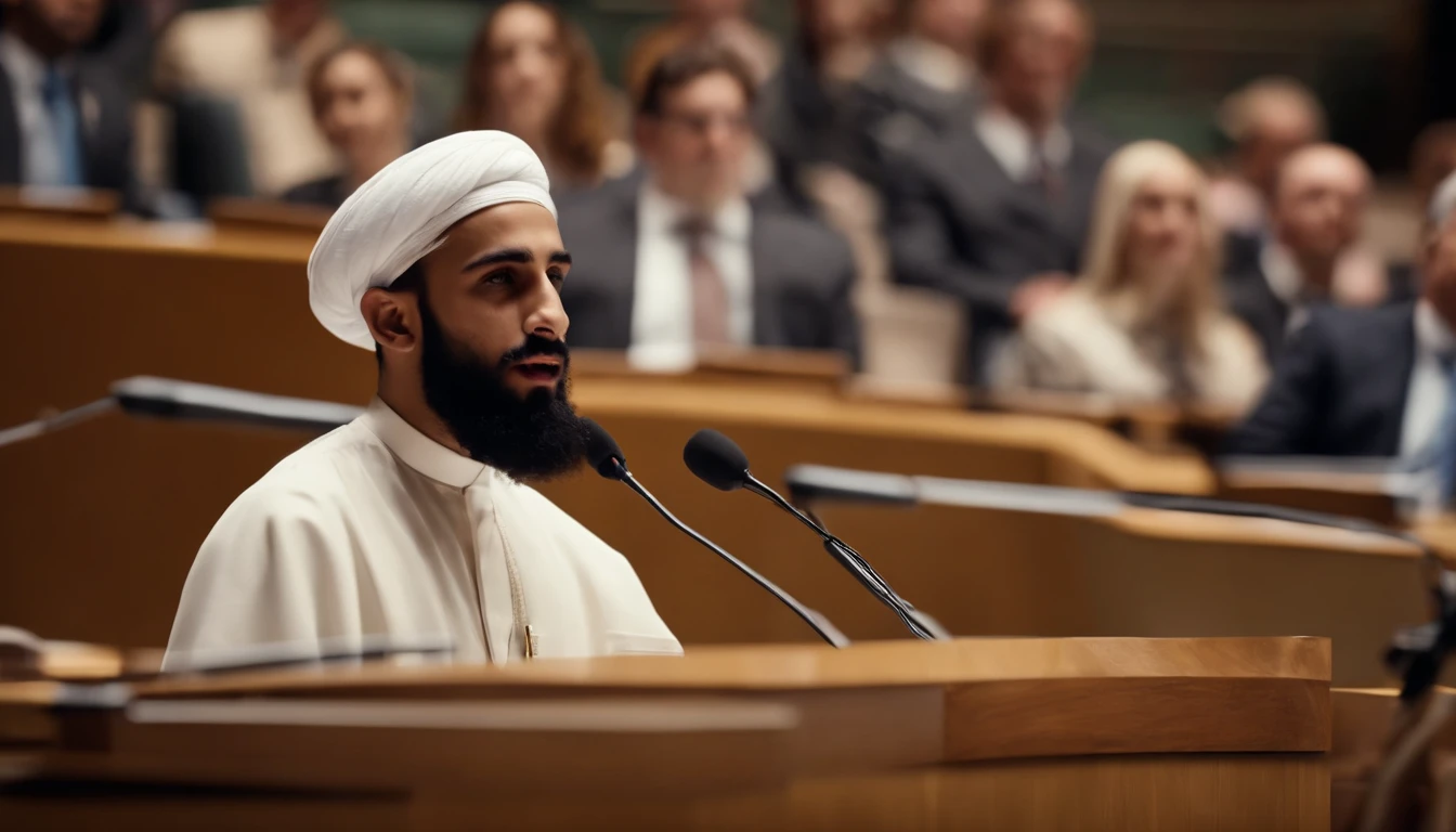1 smart age Muslim Scholar with normal beard no moustache wearing white Arabian Suit addressing speech at UN assembly Infront of Many Countries President. Zoom out, realistic detail 4k