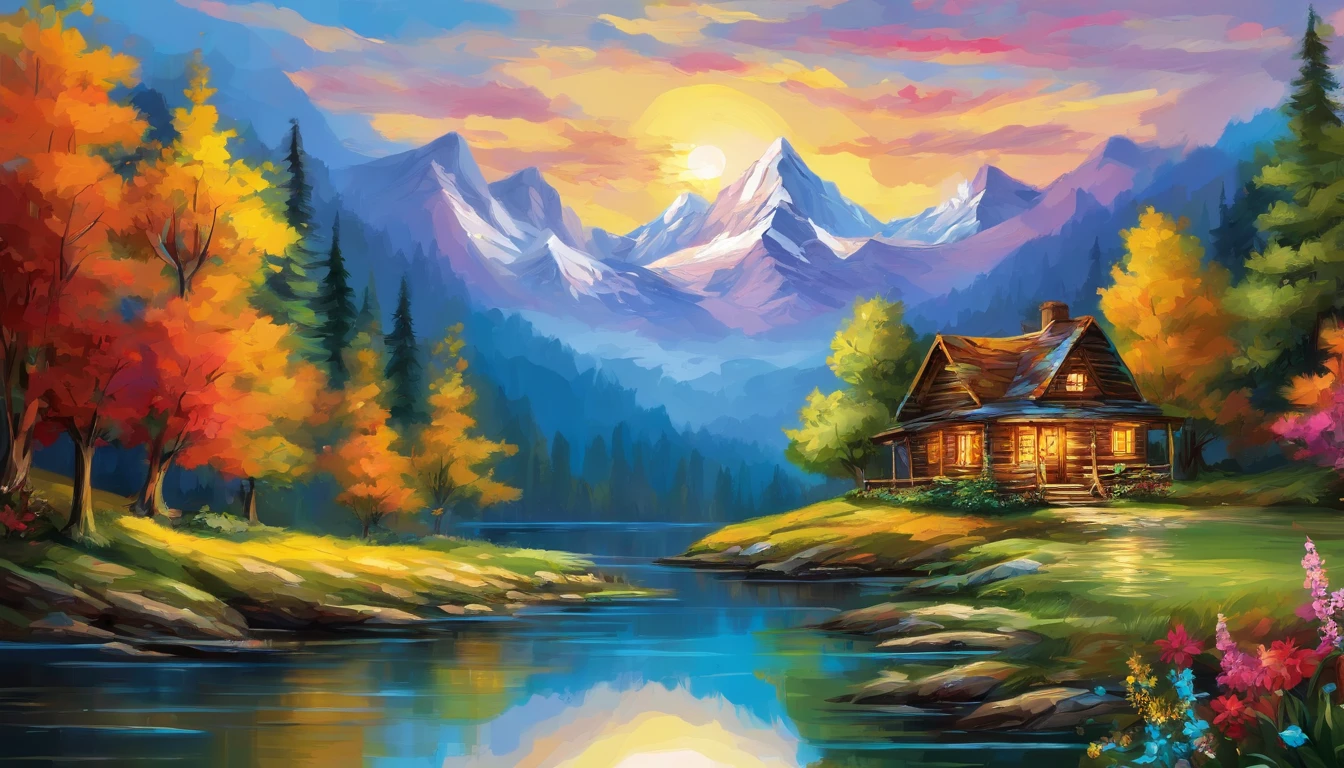 painting of a cabin by a river with a mountain in the background, flowers aside of fence, , peaceful scene, peaceful landscape, in a serene landscape, scenery artwork, highly detailed oil-painting, beautiful oil matte painting, tranquil scene, style of Thomas Kinkade, breathtaking masterpiece of art, dream scenery art, thomas kinkade style painting, 8k high Res, hyper detailed, impasto.