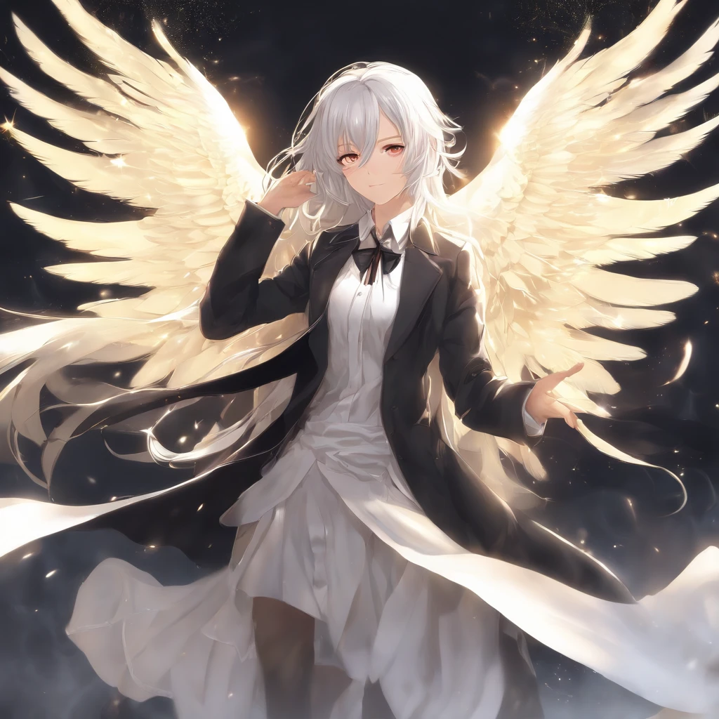 (masutepiece, Best Quality:1.3), (Ultra-detailed:1.3), 1girl in, yui, (white hair, hair messy, The long-haired), (Angel wings, Angel Halo), flat-chest, yellow eyes, (white shirt, Black Tie, Black coat, open coat), Cowboy shooting, Lighting Cinematic, (((Incandescent light particles))), (arm behind back), dynamic ungle,