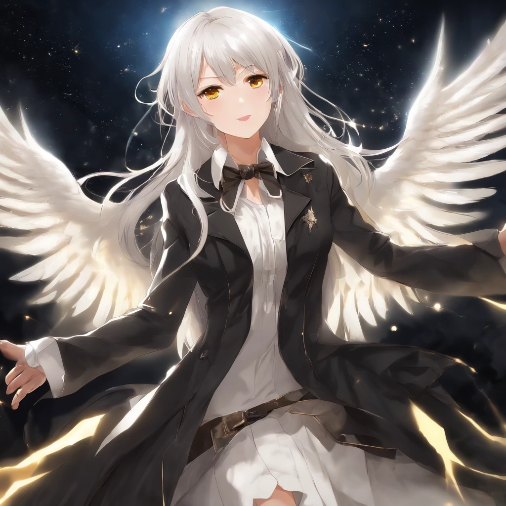 (masutepiece, Best Quality:1.3), (Ultra-detailed:1.3), 1girl in, yui, (white hair, hair messy, The long-haired), (Angel wings, Angel Halo), flat-chest, yellow eyes, (white shirt, Black Tie, Black coat, open coat), Cowboy shooting, Lighting Cinematic, (((Incandescent light particles))), (arm behind back), dynamic ungle,