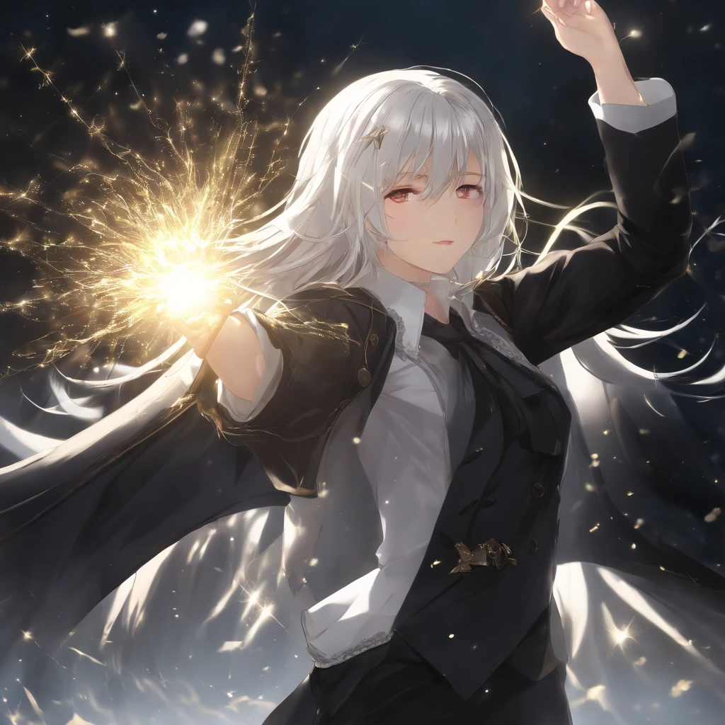 (masutepiece, Best Quality:1.3), (Ultra-detailed:1.3), 1girl in, yui, (white hair, hair messy, The long-haired), (Angel wings, Angel Halo), flat-chest, yellow eyes, (white shirt, Black Tie, Black coat, open coat), Cowboy shooting, Lighting Cinematic, (((Incandescent light particles))), (arm behind back), dynamic ungle,