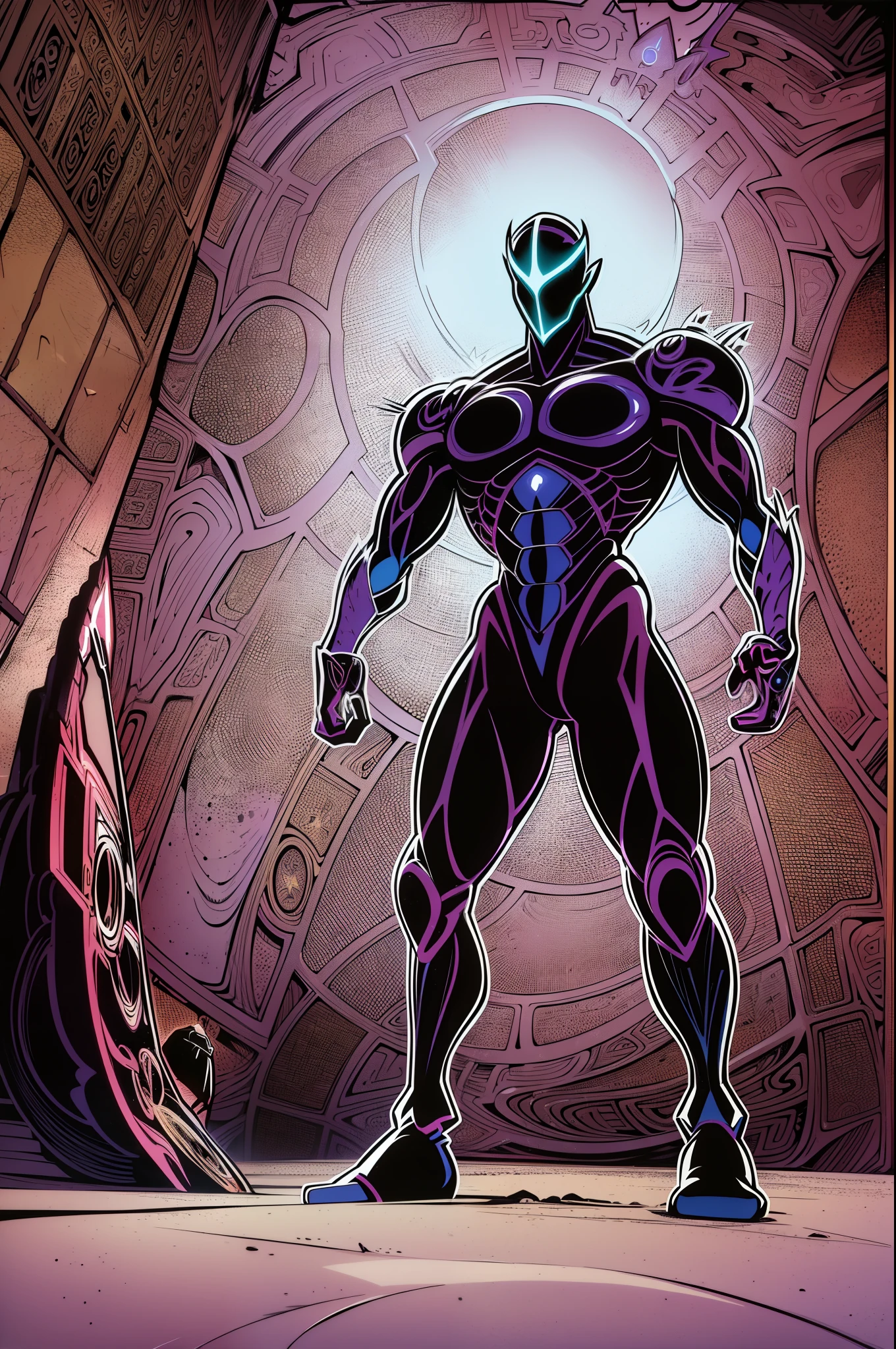 weird edgy superhero, standing, solo, full body, dark, mysterious, surreal, powerful, dramatic lighting, intense colors, comic book style, 60s,methurlant intricate surreal gritty atmospheric cinematic stylized contrast comic eerie cybernetic futuristic, bizzare, eldritch, strang, occult, psychedelyc, surreal, terror,