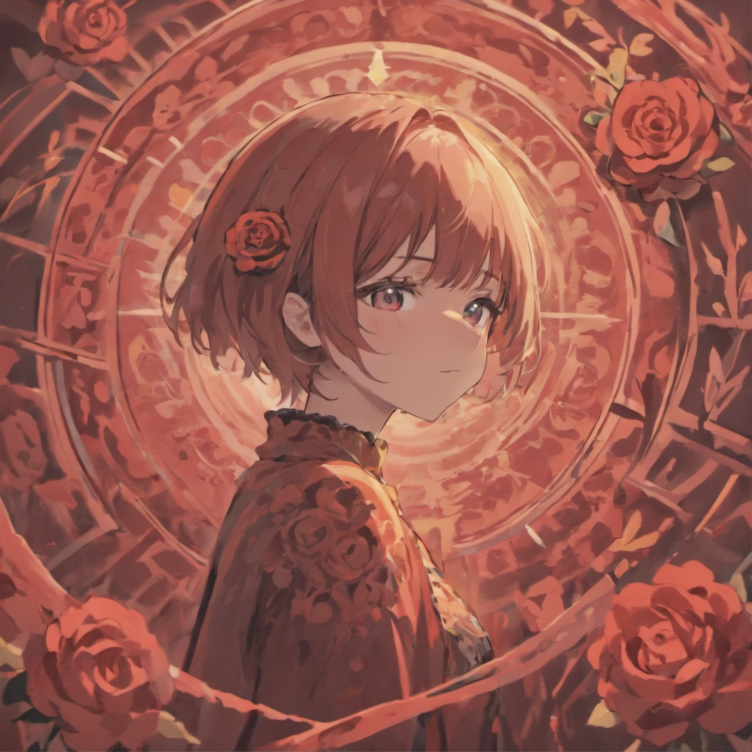 (Girl with Rose Shorthair)Detailed, high-quality images，Dynamic Pose，Focus on facial features，Roses on the background，glowing sun，black colored hair，stares at the camera