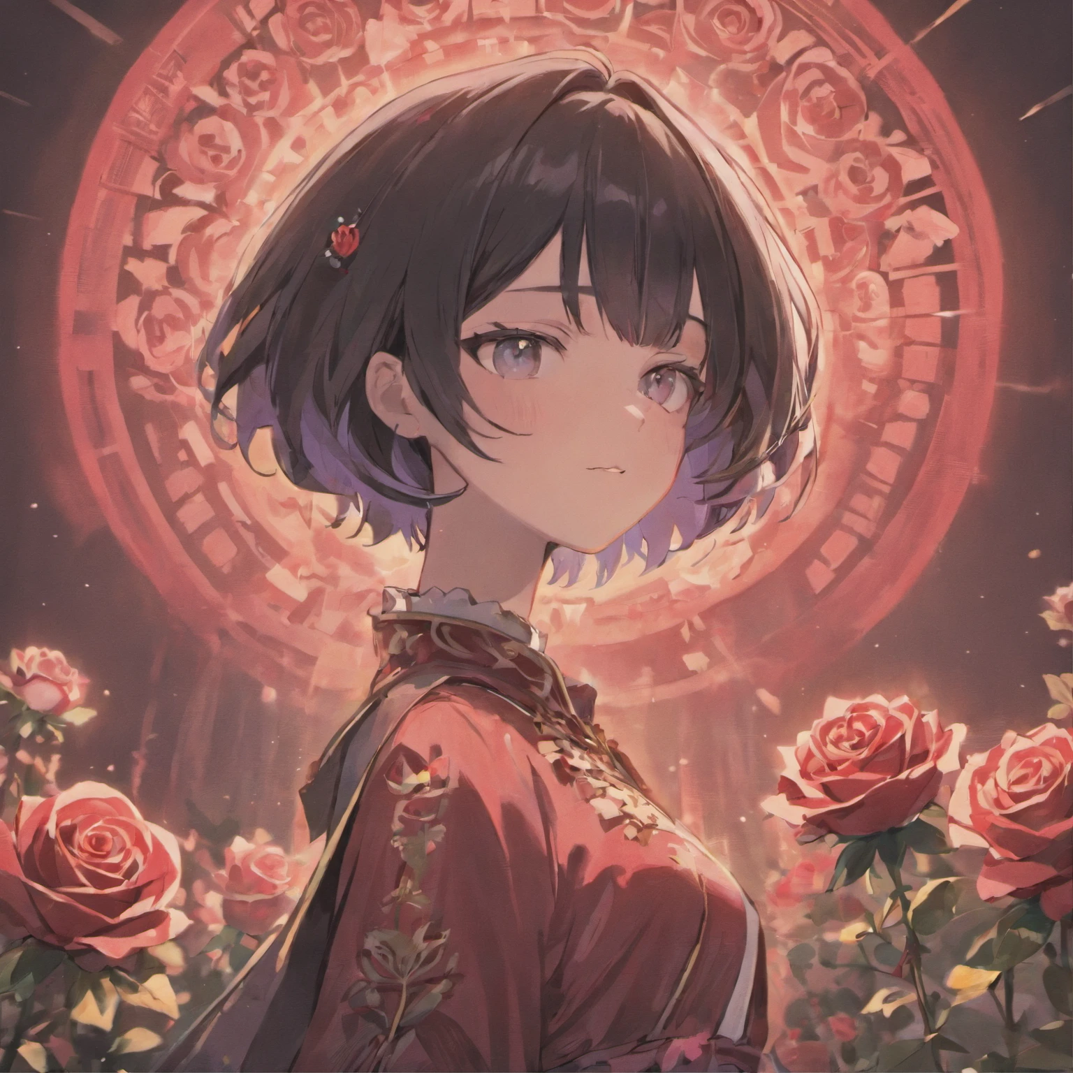 (Girl with Rose Shorthair)Detailed, high-quality images,Dynamic Pose,Focus on facial features,Roses on the background,glowing sun,black colored hair,stares at the camera