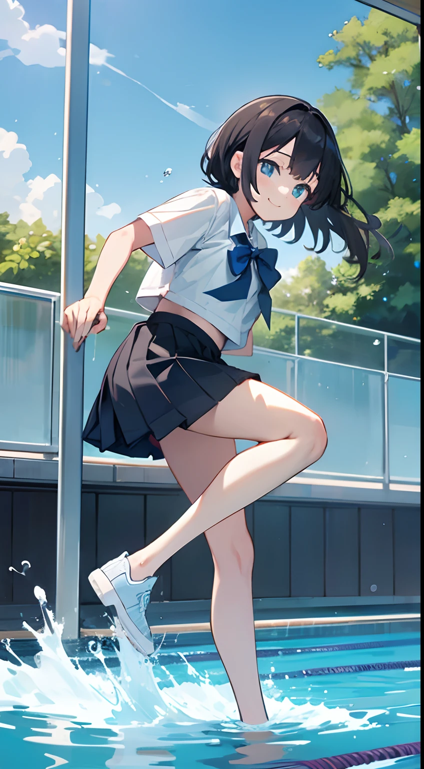 Girl in sneakers entering the pool water、School Uniform、Black spats、a smile