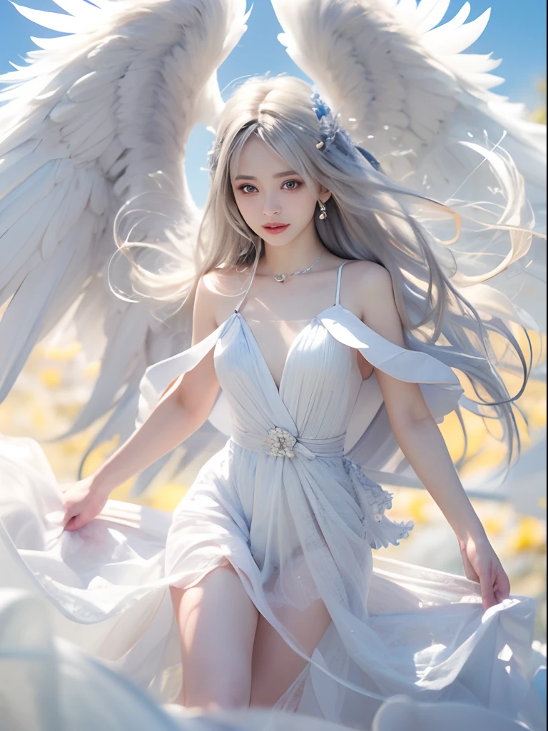 8K, Raw photo, Photorealistic, (Detailed skin, Best Quality:1.2), (Angel wings), ((White camisole dress)), (((Small chest:1.1))), (Silver long hair:1.3, short bangs), Teenage girl flying high in the sky, (Baby face:1.1, Neat face, Fairer skin), thighs thighs thighs thighs, A translucent white cloth is wrapped around the body., Blue sky, Full body shot, (low angle shot:1.2)