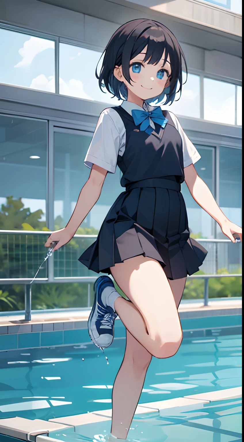Girl in sneakers entering the pool water、School Uniform、Black spats、a smile
