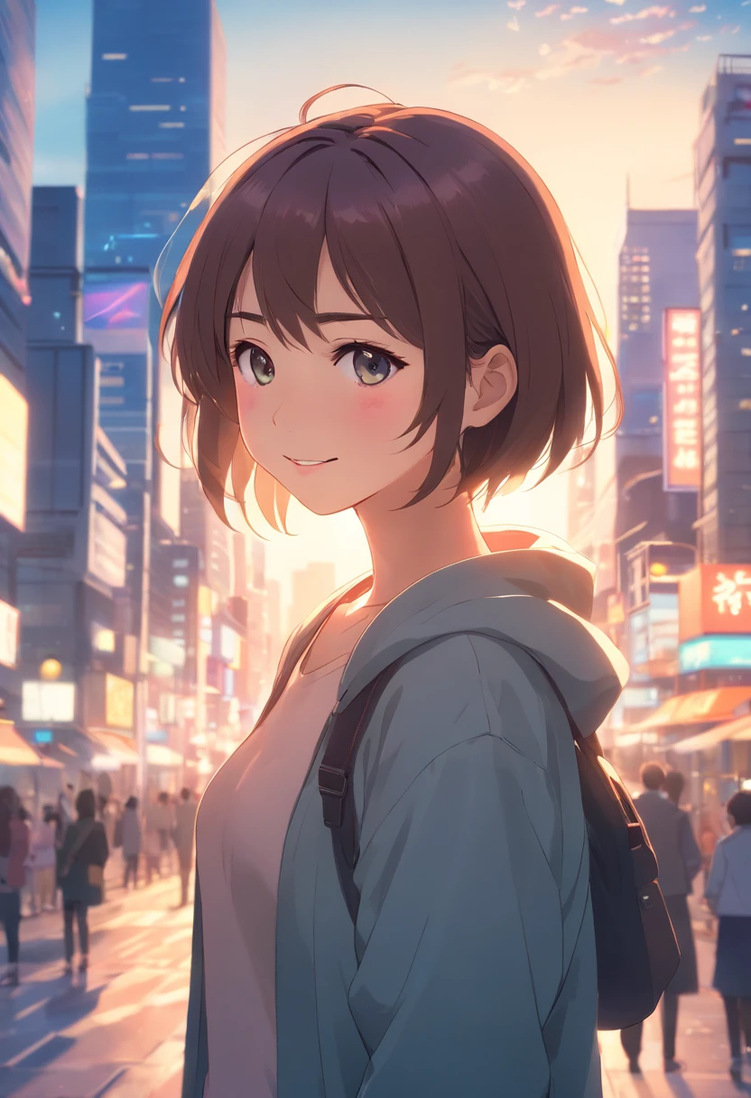 (cute, hot, smiling,blushing)[girl's expression], dynamic pose, (city background, cityscape:1.1), (perfect,expressive,extremely detailed)[girl's eyes], simple background, (beautiful[girl's] pose), (full body, double exposure), (best quality, 8k, masterpiece:1.2), (ultra-detailed, photo-realistic:1.37), (vivid colors, bokeh), (studio lighting)