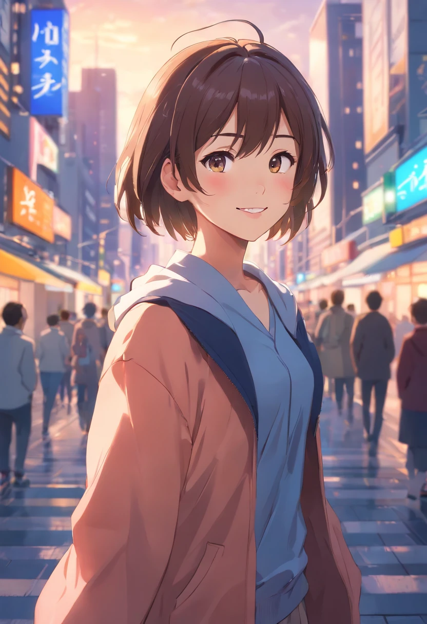 (cute, hot, smiling,blushing)[girl's expression], dynamic pose, (city background, cityscape:1.1), (perfect,expressive,extremely detailed)[girl's eyes], simple background, (beautiful[girl's] pose), (full body, double exposure), (best quality, 8k, masterpiece:1.2), (ultra-detailed, photo-realistic:1.37), (vivid colors, bokeh), (studio lighting)