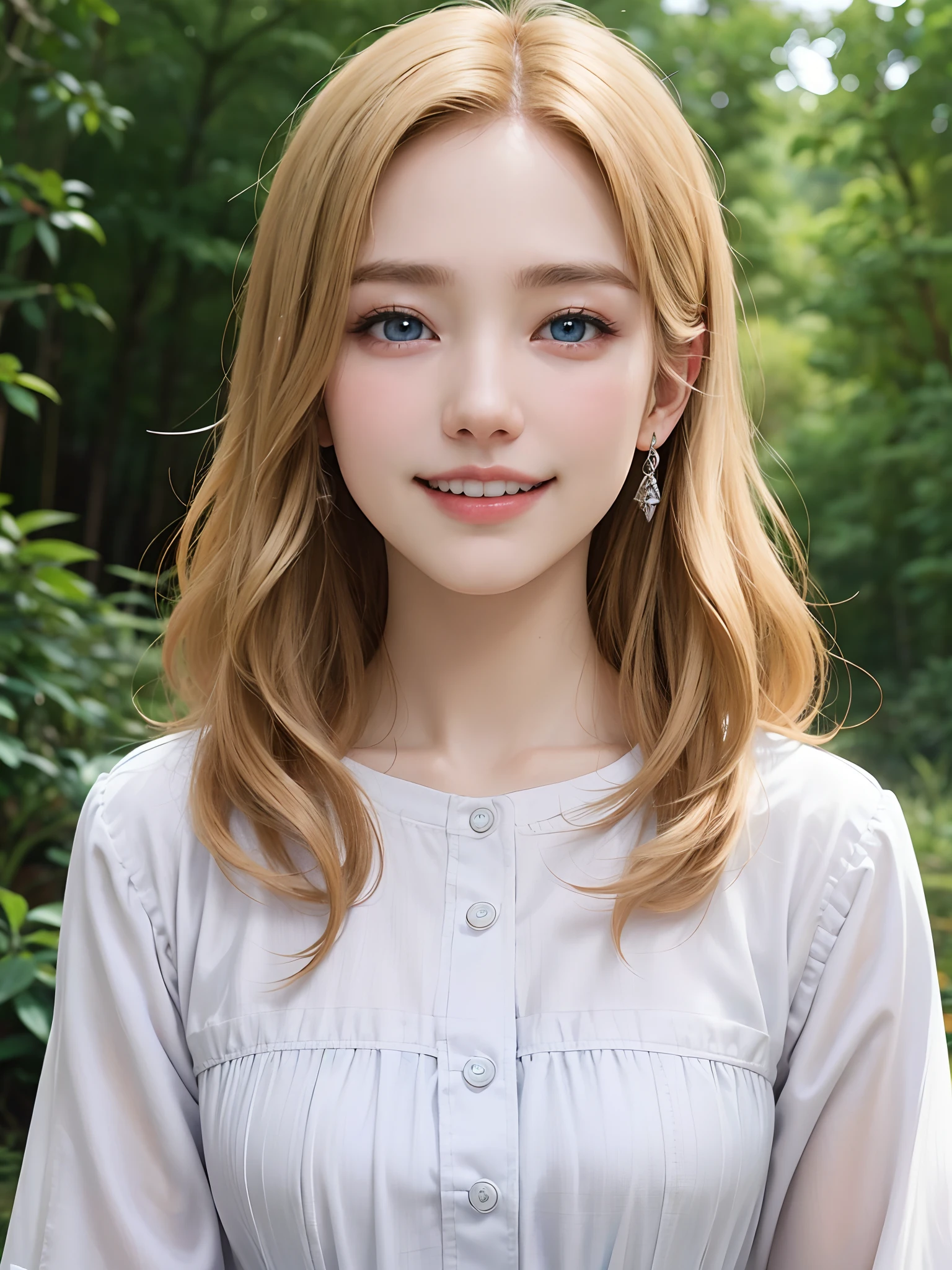 (masuter piece、Best Quality、masutepiece、Cute symmetrical face、Norse man、1 girl)、Beautiful blonde hair that shines beautifully、Intense crystal light blue eyes、no earrings、Beautiful white skin、35 year old、s girl、Cute white outfit、Very pretty girl、happily laughing、Smile happily、The best smile、Beautiful teeth、Beautiful teeth alignment、Beautiful skins、Staring into the distance on the left、Beautiful nature background with light and forest、Deities々Deep forest background、cowboy shot