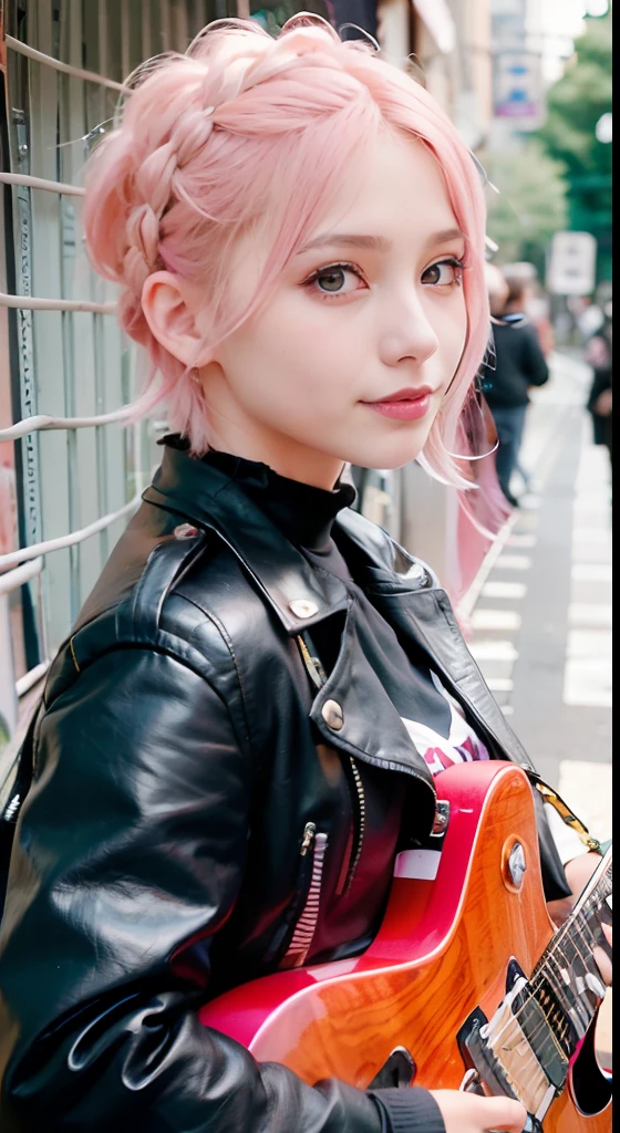 (masutepiece), (Portrait), (Aesthetic), (cute little), (upper blody), (High quality), (aesthetic clothings), (professional angle), (thirds rule), (Feminine), (Woman), , (Beautiful),(Feminine features), (18year old:1.4), Solo, 1 woman, (Charming punk girl), Blue eyes,faces、(A smile:1.5),(facing front:1.2),Dramatic light, ((Playing guitar)), Edgy makeup, (Small bust), ((electric guitar)), (Front face), (Leather jackets and tattoos), ((Short hair)), (dyed (E.G. and pinks) hair), (spiky hair), (Thick hair), Matte Shine Hair, (Hair bands scattered in the hair), (Bold and bold look), (pale skin), (Dark clothes), (Band T-shirt), (Ripped jeans), ((Urban alley background)), (up close shot), Beautiful hands, Two hands, normal hands, Two arms, complete hands, Beautiful body, Beautiful fingers, normal fingers, Five Fingers, Five Fingers, (Thumb index finger ring finger), Beautiful ears, normal ears, Beautiful eyes, shiny eyes, Beautiful mouth, Beautiful lips,Medium hair with pink hair, (Pink hair), Ear Hair, small tits, Single braid, (Single braid), (Side braid)