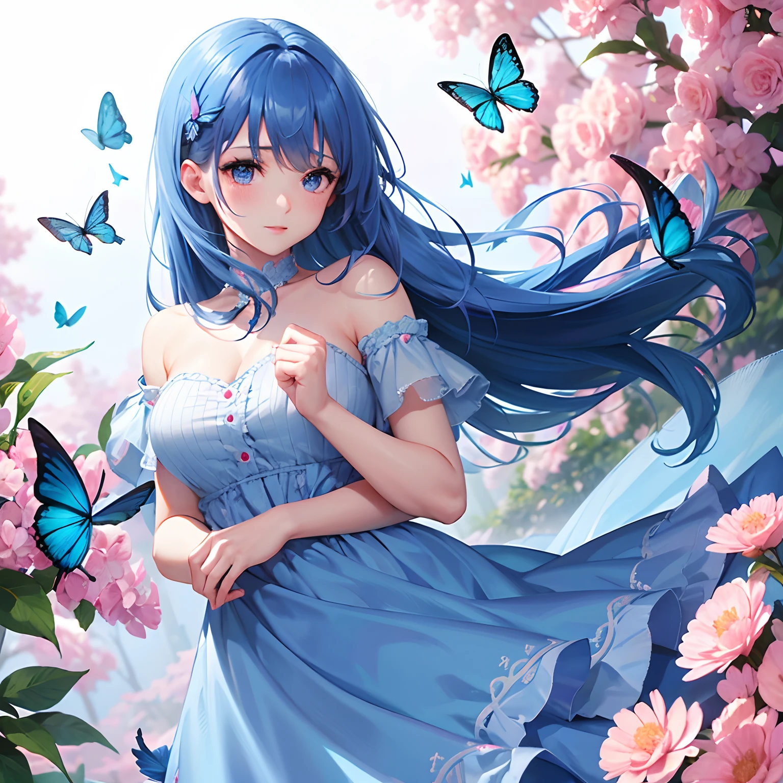 a women, blue butterfly, blue hair, pink eyes, pink dress