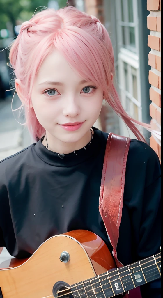 (masutepiece), (Portrait), (Aesthetic), (cute little), (upper blody), (High quality), (aesthetic clothings), (professional angle), (thirds rule), (Feminine), (Woman), , (Beautiful),(Feminine features), (18year old:1.4), Solo, 1 woman, (Charming punk girl), Blue eyes,Full body,faces、(A smile:1.5),(facing front:1.2),Dramatic light, ((Playing guitar)), Edgy makeup, (Small bust), ((electric guitar)), (Front face), (Defiant expression), ((defiance)), (Leather jackets and tattoos), ((Short hair)), (dyed (E.G. and pinks) hair), (spiky hair), (Thick hair), Matte Shine Hair, (Hair bands scattered in the hair), (Bold and bold look), (pale skin), (Dark clothes), (Band T-shirt), (Ripped jeans), crew neckline), ((Urban alley background)), (up close shot), Beautiful hands, Two hands, normal hands, Two arms, complete hands, Beautiful body, Beautiful fingers, normal fingers, Five Fingers, Five Fingers, (Thumb index finger ring finger), Beautiful ears, normal ears, Beautiful eyes, shiny eyes, Beautiful mouth, Beautiful lips,Medium hair with pink hair, (Pink hair), Ear Hair, small tits, Single braid, (Single braid), (Side braid)