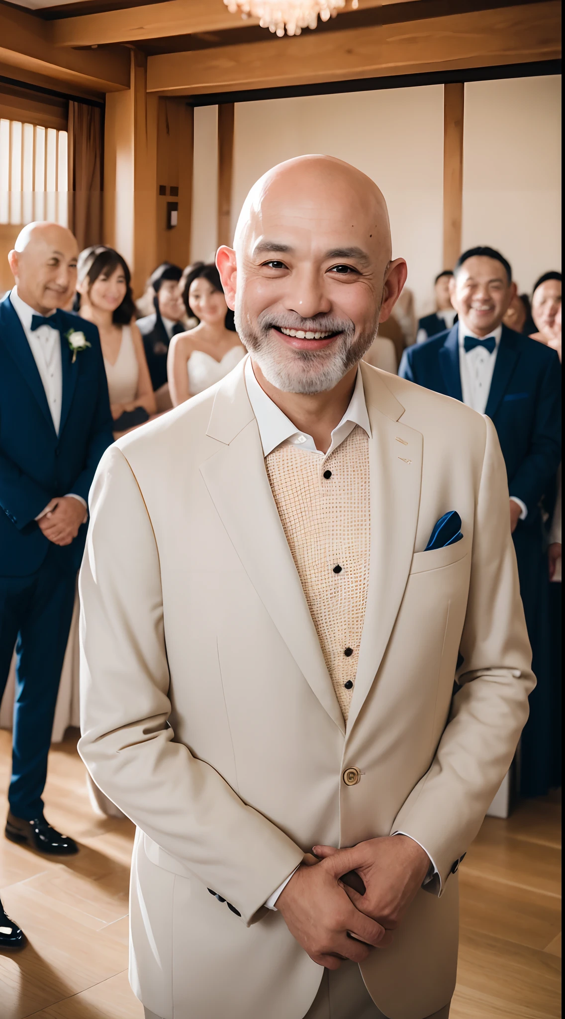 4K、top-quality、masutepiece、 (Bald middle-aged man)、a handsome、bridegroom、wedding hall、Looking at the camera、(smile1.6)