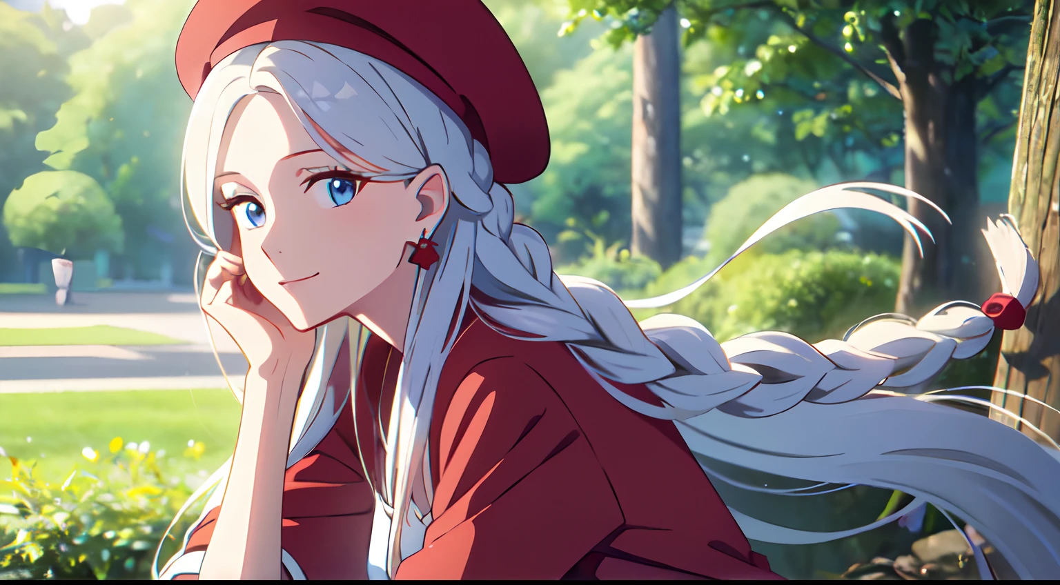 masterpiece, best quality, 1lady, solo, very long hair, white hair, blowing hair, (braided hair ornament), earrings, girly red beret, light blue eyes, sky, black crop top, red open jacket, close up, look at viewer, light smile, falling leaf, tree