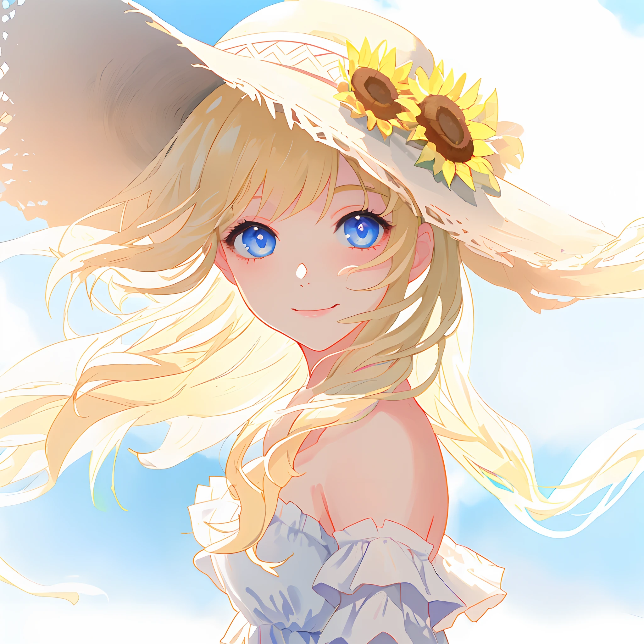closeup portrait of girl in a (frilly plain white off-shoulder strapless sundress), (flowing blonde hair), deep blue eyes, very large straw hat, sunflowers, grass, windy, smile, looking at camera, extremely detailed, best quality, beautiful, masterpiece, pastel colors, in the style of a watercolor painting, high details, bokeh, depth-of-field, soft