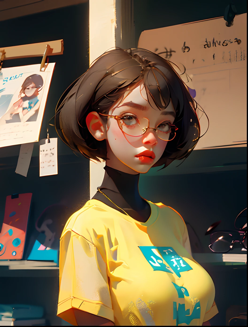 big breast girl, oversized tshirt, short hair glasses,