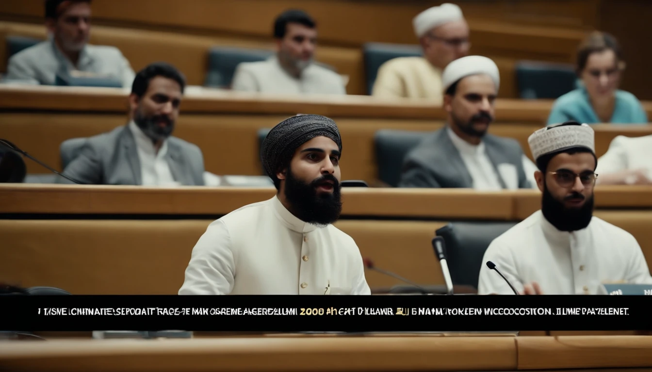 1 teenage Muslim Scholar with normal beard and no moustache on face wearing white kurta pajama addressing speech at UN assembly Infront of Many Countries President. Zoom out, realistic detail 4k