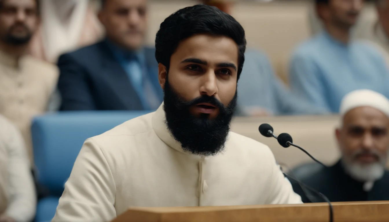 1 teenage Muslim Scholar with normal beard and no moustache on face wearing white kurta pajama addressing speech at UN assembly Infront of Many Countries President. Zoom out, realistic detail 4k
