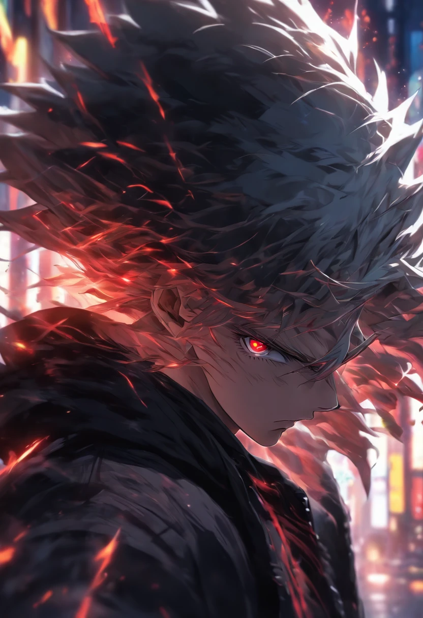 High quality, Ultra detailed, Man in black hoodie, Face behind the camera,Head facing the camera, Ultra photo realsisim, Red eyes, White hair, On the road, standing,red nuerons running on the neck