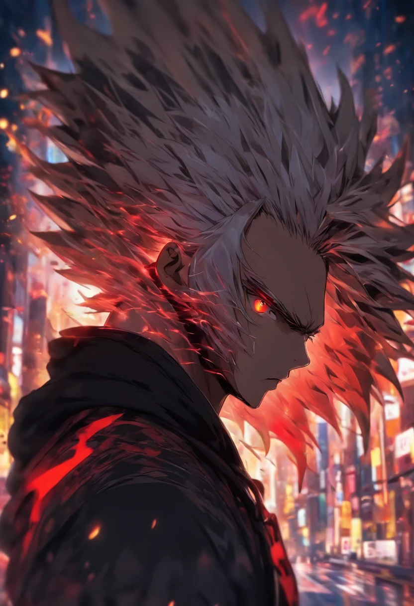 High quality, Ultra detailed, Man in black hoodie, Face behind the camera，Head facing the camera, Ultra photo realsisim, Red eyes, White hair, On the road, standing,red nuerons running on the neck