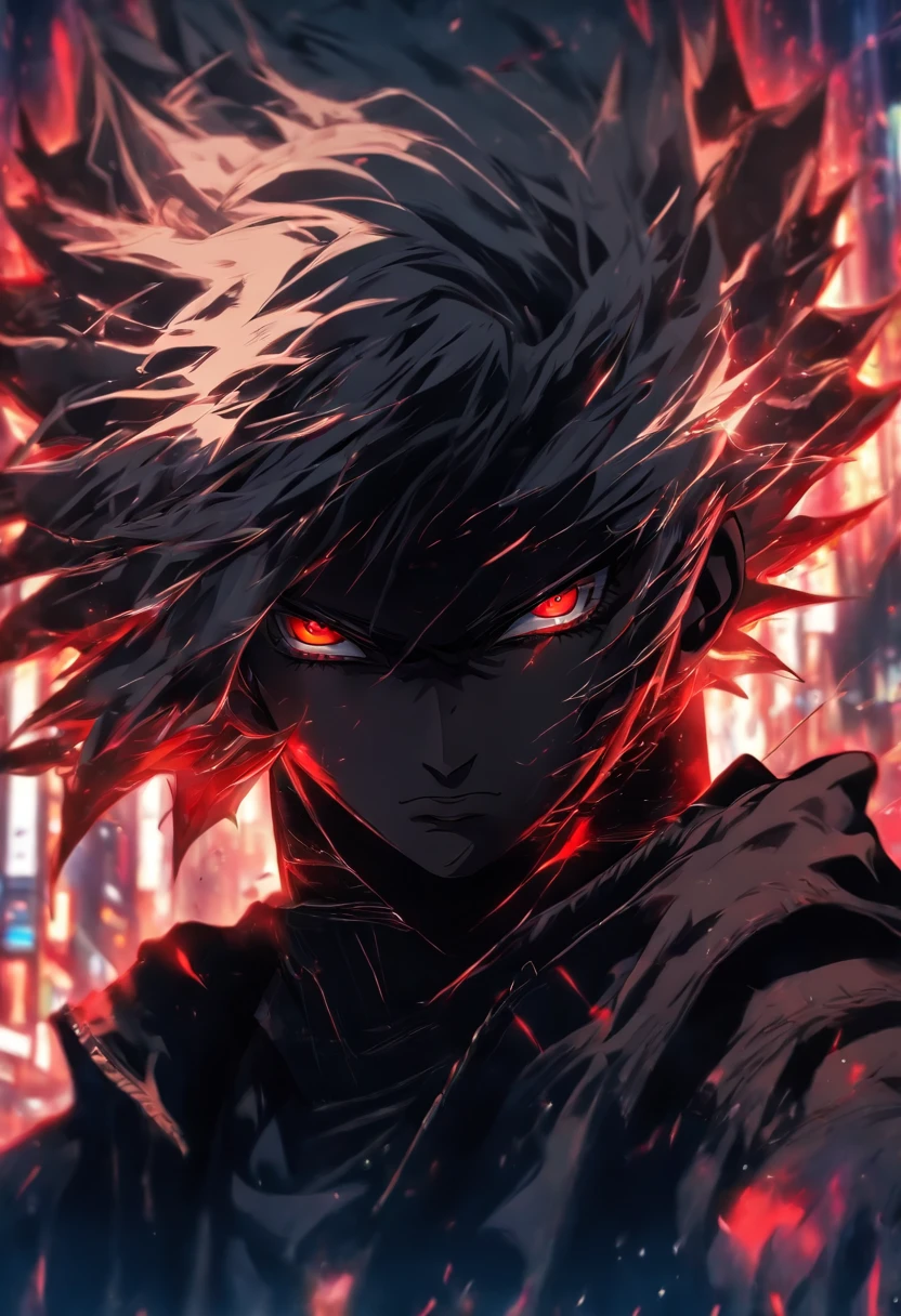 High quality, Ultra detailed, Man in black hoodie, Face behind the camera,Head facing the camera, Ultra photo realsisim, Red eyes, White hair, On the road, standing,red nuerons running on the neck