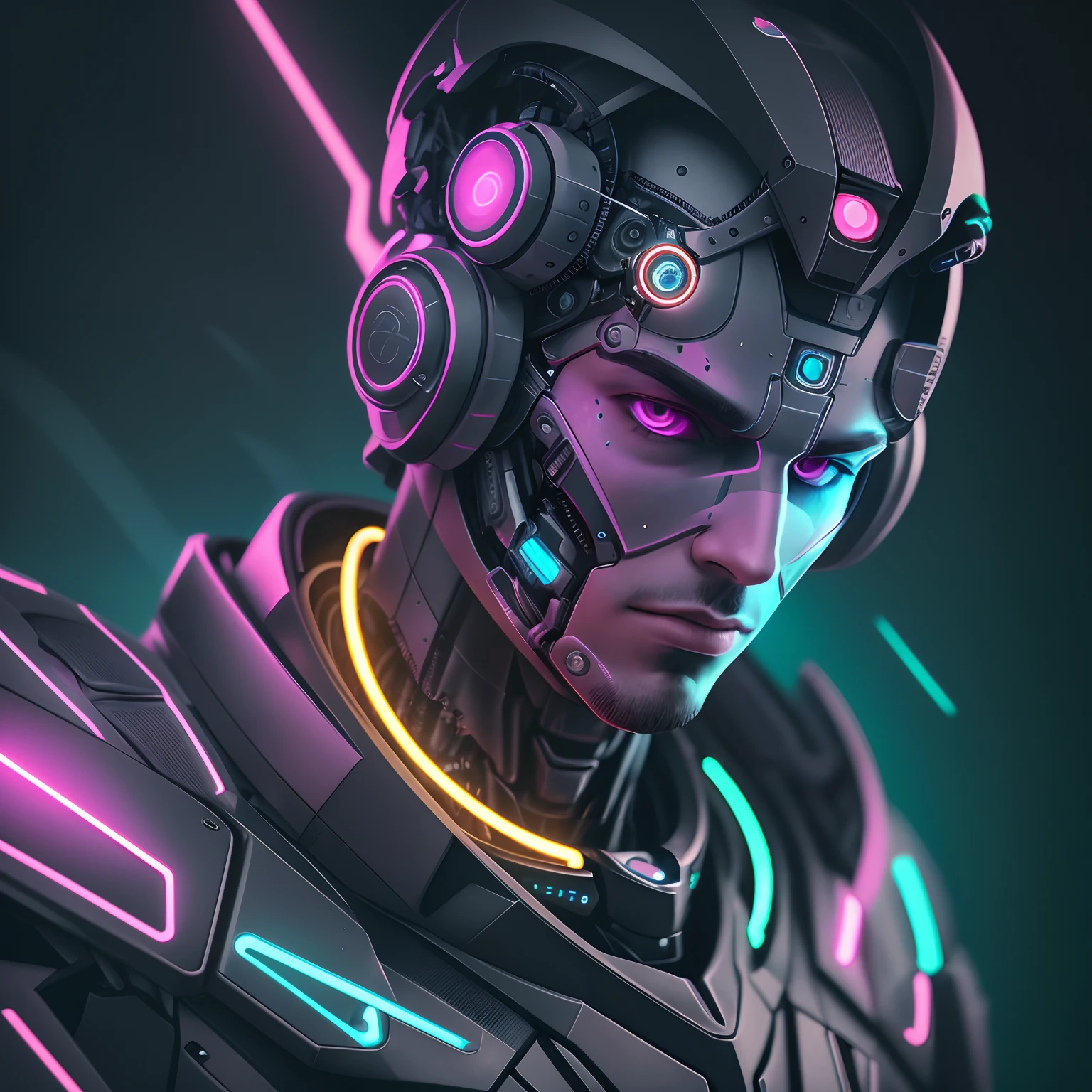 Image of a cyborg, half robot, half human with robotic part on his face. Futuristic neon background with written code