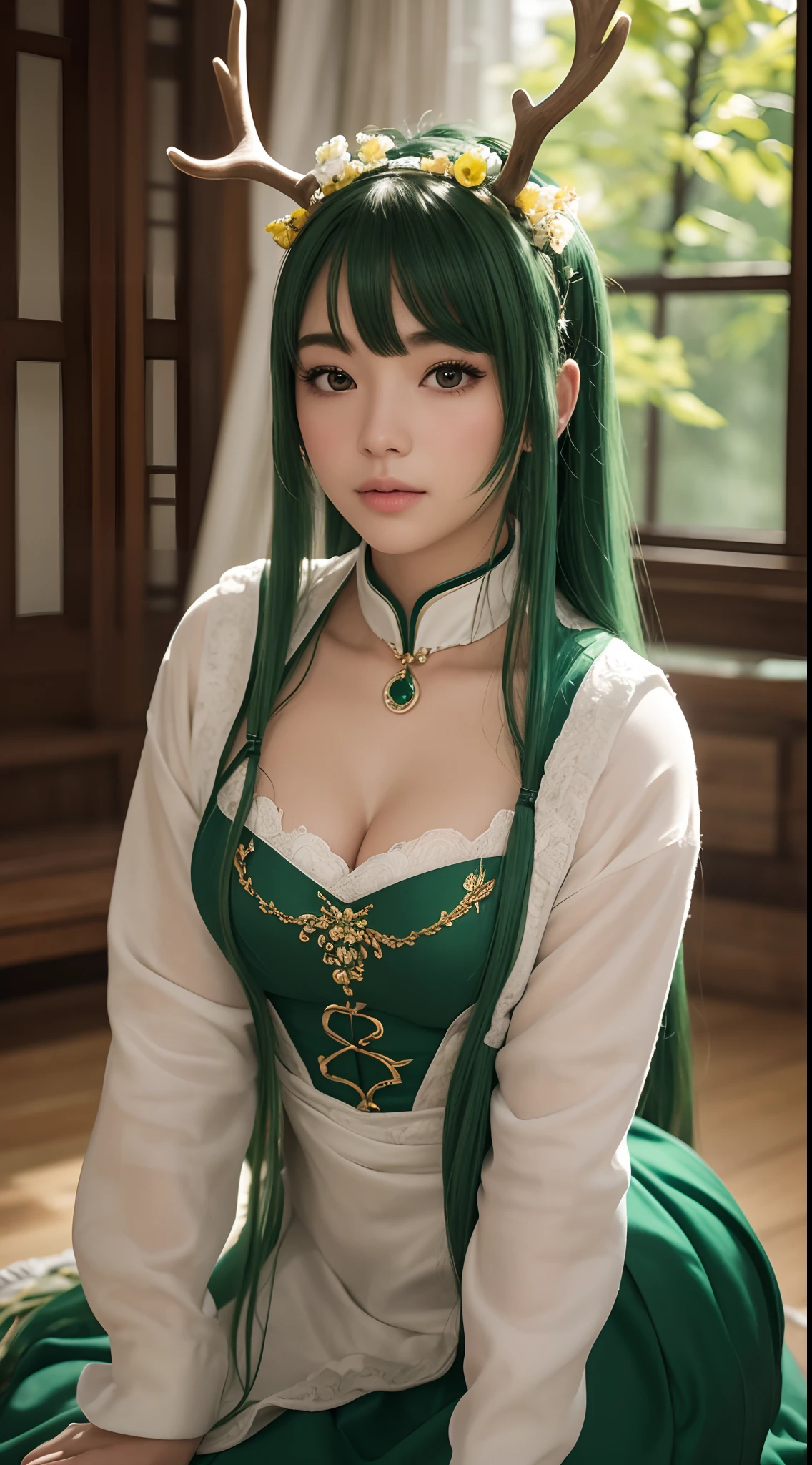 Green hair, beautiful woman, long hair, hair ornament, Chinese dress, necklace