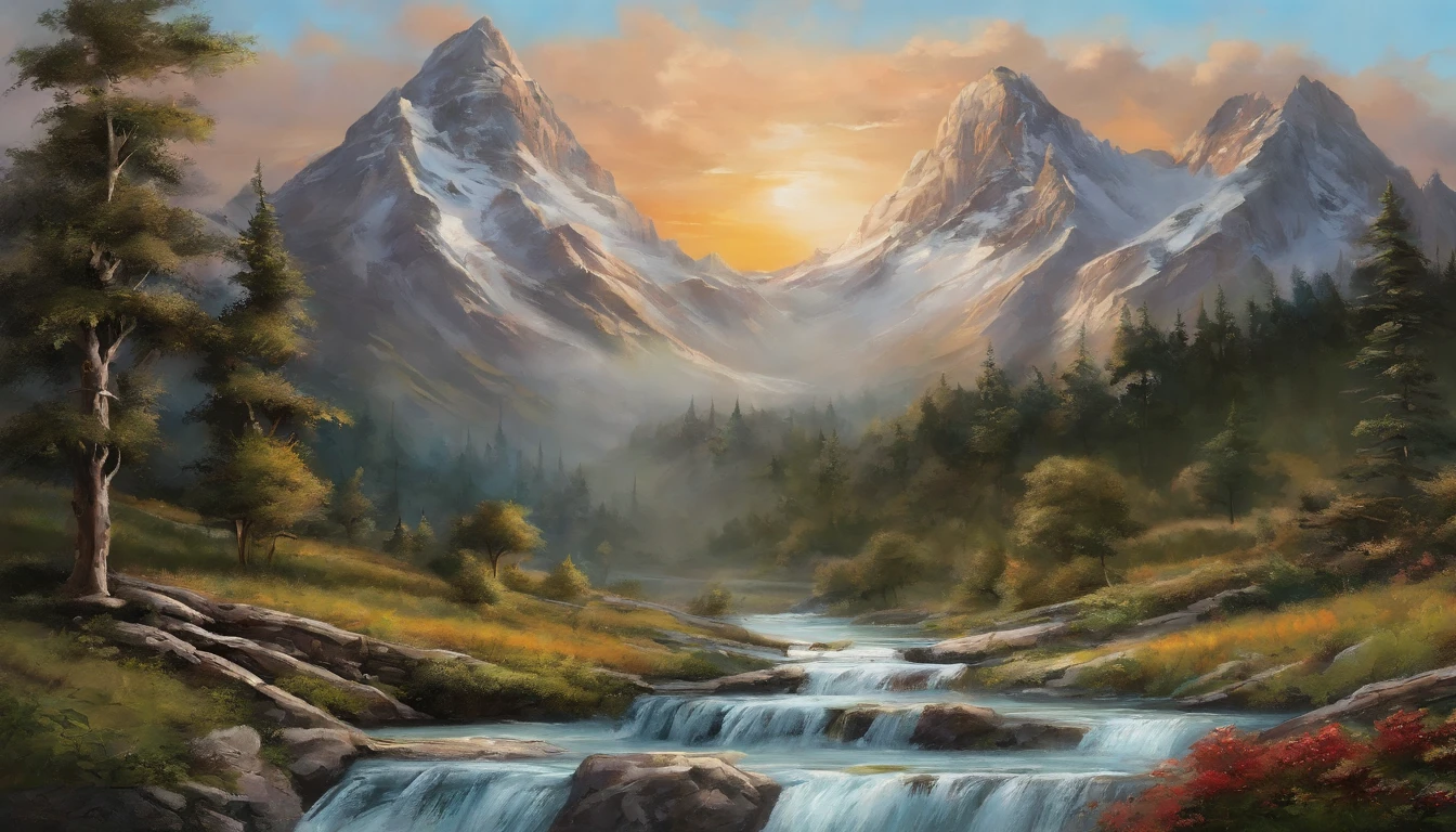 painting of a mountain scene with a stream and a stream, by Bob Ross, landscape art, bob ross style, epic oil painting, landscape oil painting, oil painting h 768, a beautiful landscape, in a mountain valley, oil paintings, smooth oil painting, mountain scene, bob ross painting, scenery artwork, beautiful oil painting, nature painting, style of Bop Ross