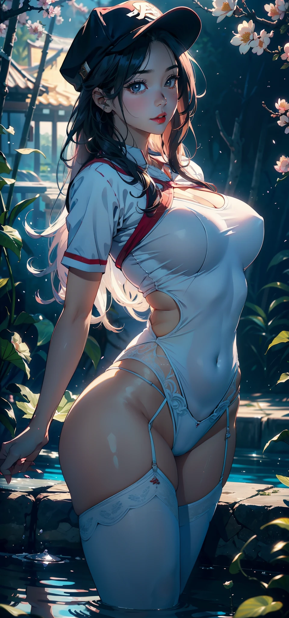 1female,45 yers old,Married Woman,熟妇,plumw,extremely large bosom, 独奏,(Background with:ponds,Cherry blossom forest,lotus flower)Lie underwater, She has long pink hair,standing on your feet,seen from the front,, mostly cloudy sky,(((tmasterpiece),(Very detailed CG unity 8K wallpaper),best qualtiy,cinmatic lighting,detailed back ground,beatiful detailed eyes,Bright pupils,Black eyes,Snow-whiteskin,Redlip(Very fine and beautiful),(Beautiful and detailed eye description),ultra - detailed,tmasterpiece,))facing at camera,A high resolution,ultra - detailed),revealing breasts,Bare genitalia, Bulge,legs are open,Raised sexy,Camel toes,Desire for dissatisfaction,frontage,(Wearing:baseball cap,a sailor suit,Captain America uniform,Bare ,white stockings)