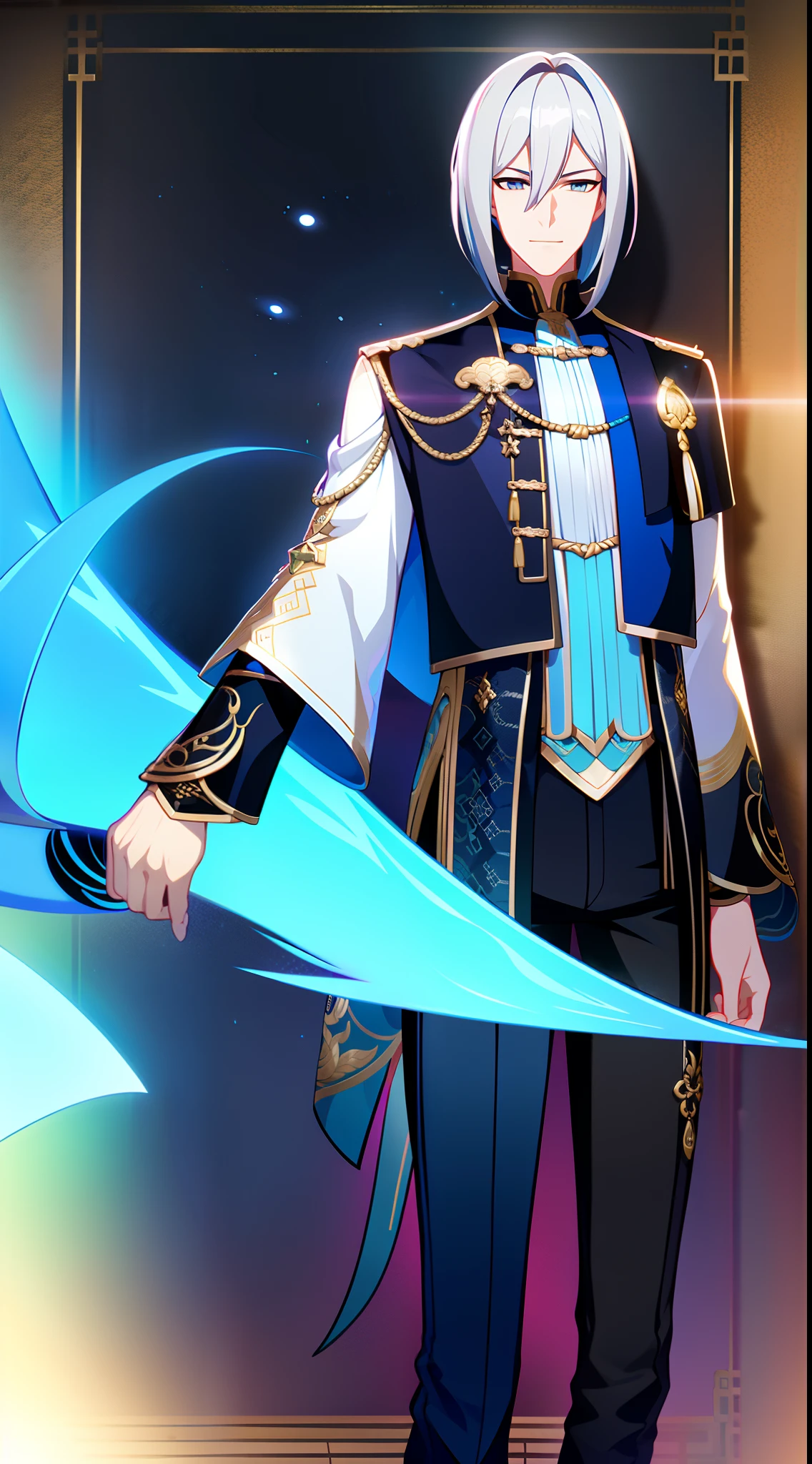 Tall guy, Silver hair in a bob, Cyan eyes, smirk, grace, Beautiful blue Chinese combat jacket, Gold Elements, black tight pants, Chinese Sword, Blue finch, Ling(Mobile Legends), hiquality, 4k, HD, Good detail