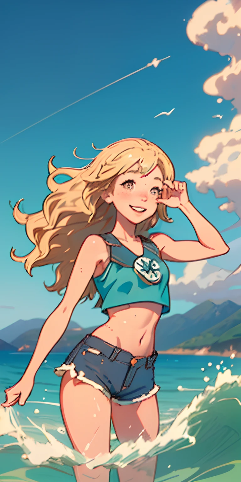 (best quality, masterpiece), 1girl, upper body, paw pose, smile, laughing, happy, ocean, crop top, shorts, blonde, freckles, blush, looking at viewer, wavy hair, long hair, cloud, splashing, waves, sun, mountain, wet