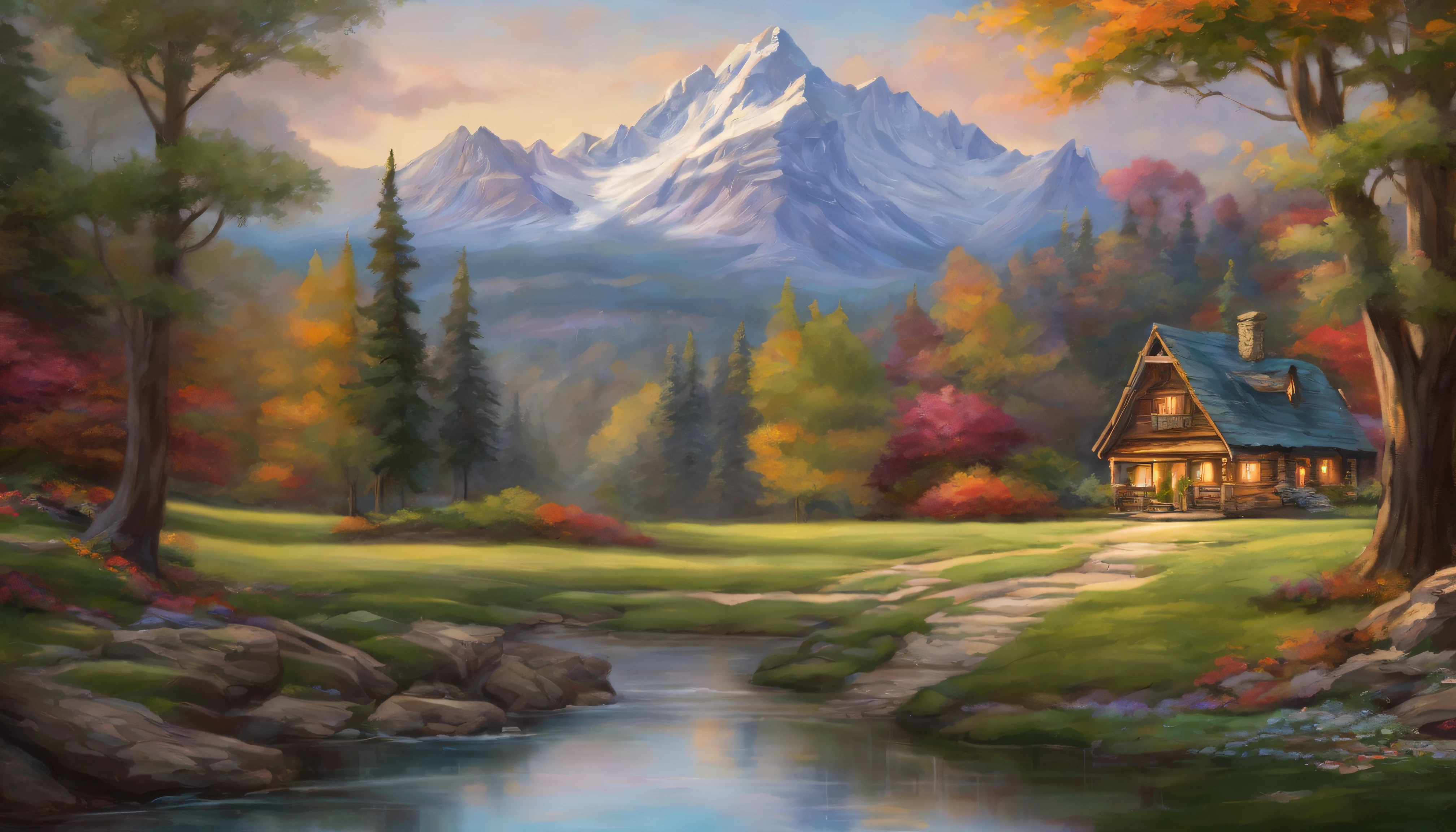 painting of a cabin by a river with a mountain in the background, flowers aside of fence, , peaceful scene, peaceful landscape, in a serene landscape, scenery artwork, highly detailed oil-painting, beautiful oil matte painting, tranquil scene, style of Thomas Kinkade, breathtaking masterpiece of art, dream scenery art, thomas kinkade style painting, 8k high Res, hyper detailed, impasto.