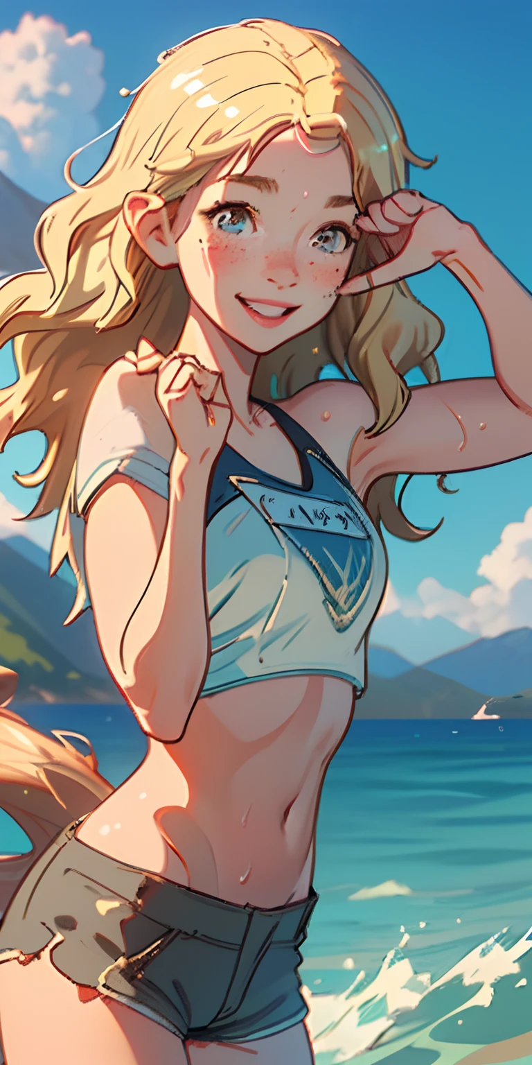 (best quality, masterpiece), 1girl, upper body, paw pose, smile, laughing, happy, ocean, crop top, shorts, blonde, freckles, blush, looking at viewer, wavy hair, long hair, cloud, splashing, waves, sun, mountain, wet