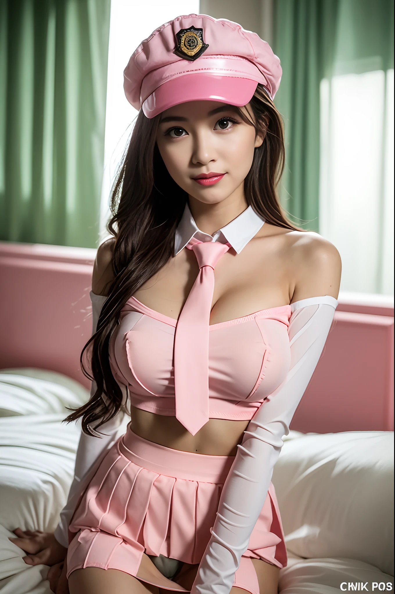 (((pink collared police officer shirt))),(((bare side breast))),(((bare inner thigh and pink over-kneehighs))),(((show pink panty))),(((wear a pink tie and cleavage pink cutout))),(((wear a regulation pink police cap and pink peplum miniskirt lift:1.5))),(((bare shoulders and detached sleeves))),ulzzang-6500-v1.1, (Raw photo:1.2), (Photo realistic:1.4), a beautiful detailed girl, extremely detailed eye and face, beautiful detailed eyes, ultra-detailed, High resolution, top-quality, masterpiece, highly detailed, 8k wallpaper, Wonderful, finely detail, top-quality, Light on the face,电影灯光,1girl in,(prison bedroom),Beautiful eyes,smile,Opening Mouth
