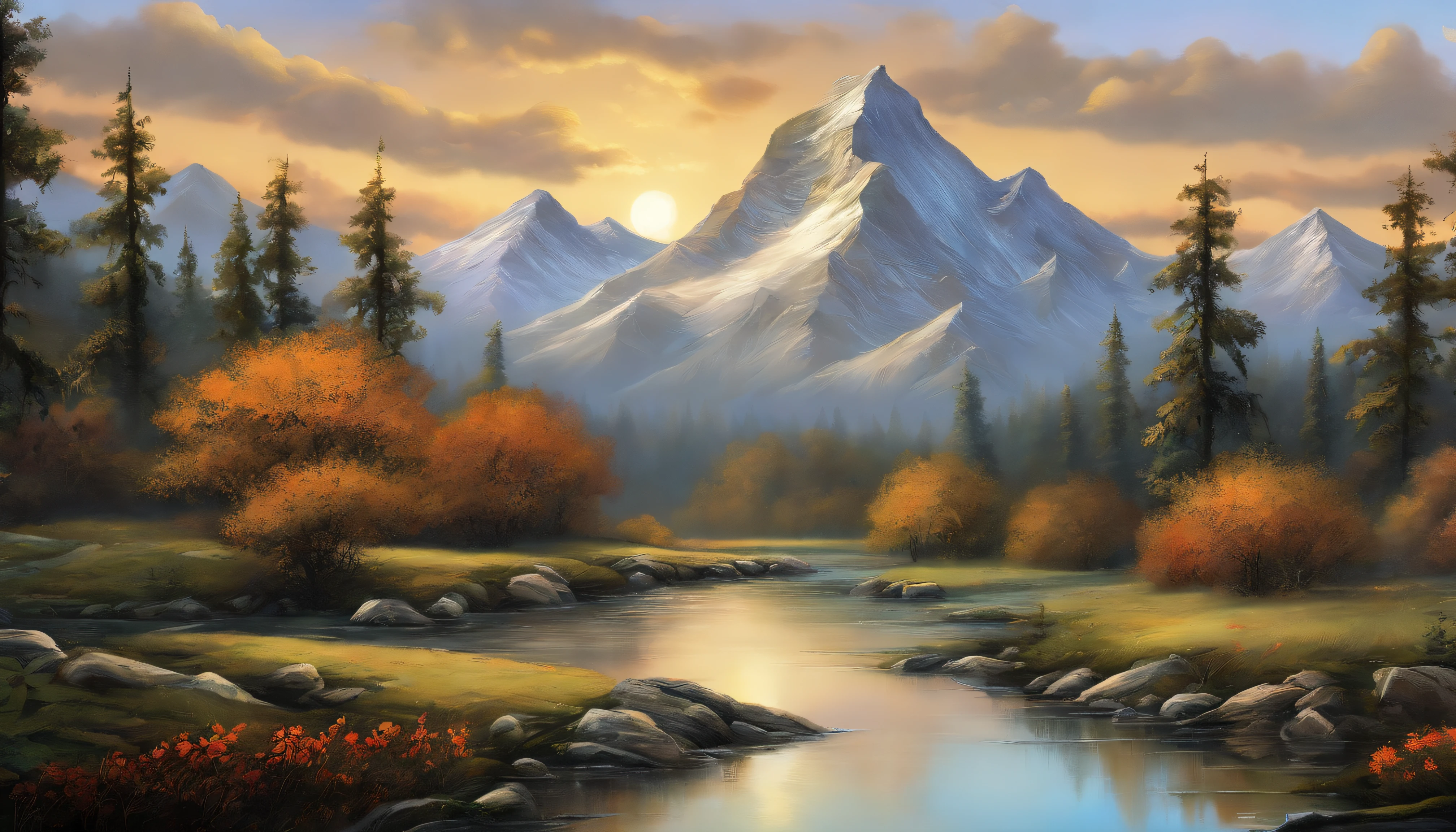 painting of a mountain scene with a stream and a stream, by Bob Ross, landscape art, bob ross style, epic oil painting, landscape oil painting, oil painting h 768, a beautiful landscape, in a mountain valley, oil paintings, smooth oil painting, mountain scene, bob ross painting, scenery artwork, beautiful oil painting, nature painting, style of Bop Ross