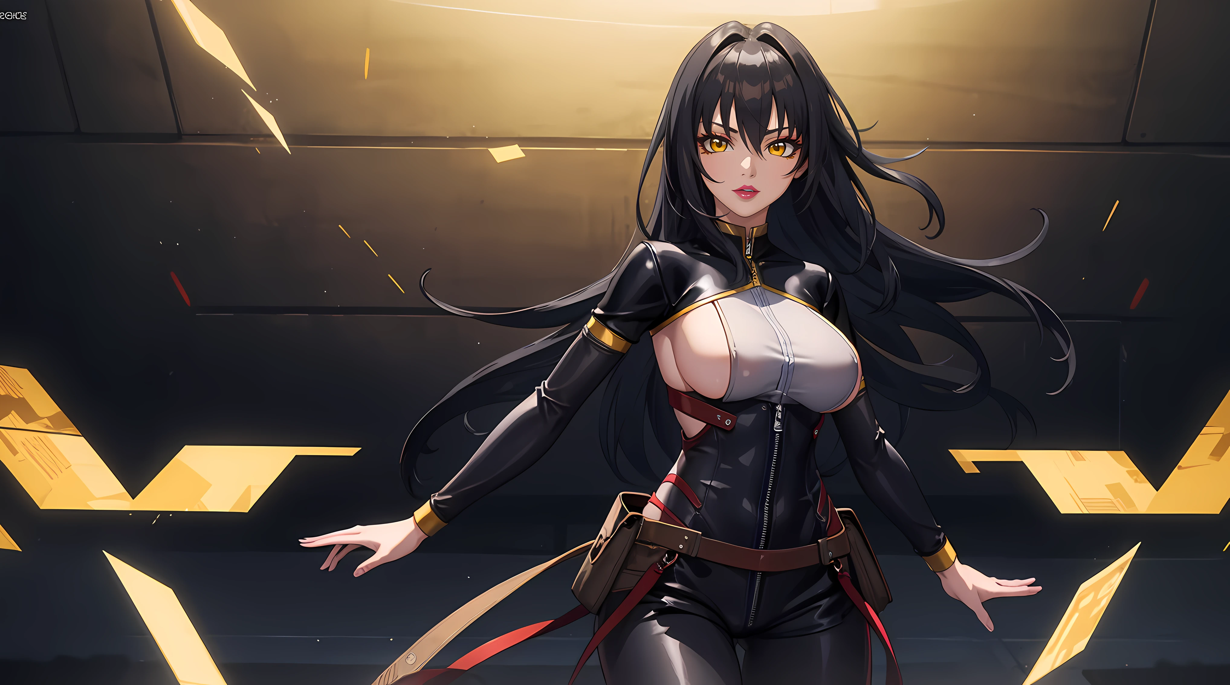 (masterpiece:1.4),(best quality:1.4), soft lighting, cinematic bloom, beautiful face, beautiful eyes, cowboy shot,
Annerose, 1girl, solo, female mature, black hair, long hair, (yellow eyes:1.4), large breasts, bodysuit, higheels, shiny clothes, skin tight, hair intakes, covered breasts, sideboob, exquisite eyes detail, exquisite character design unity details 8k hdr, professional art, landscape, (solo:1.5, cowboy shot:1.5)