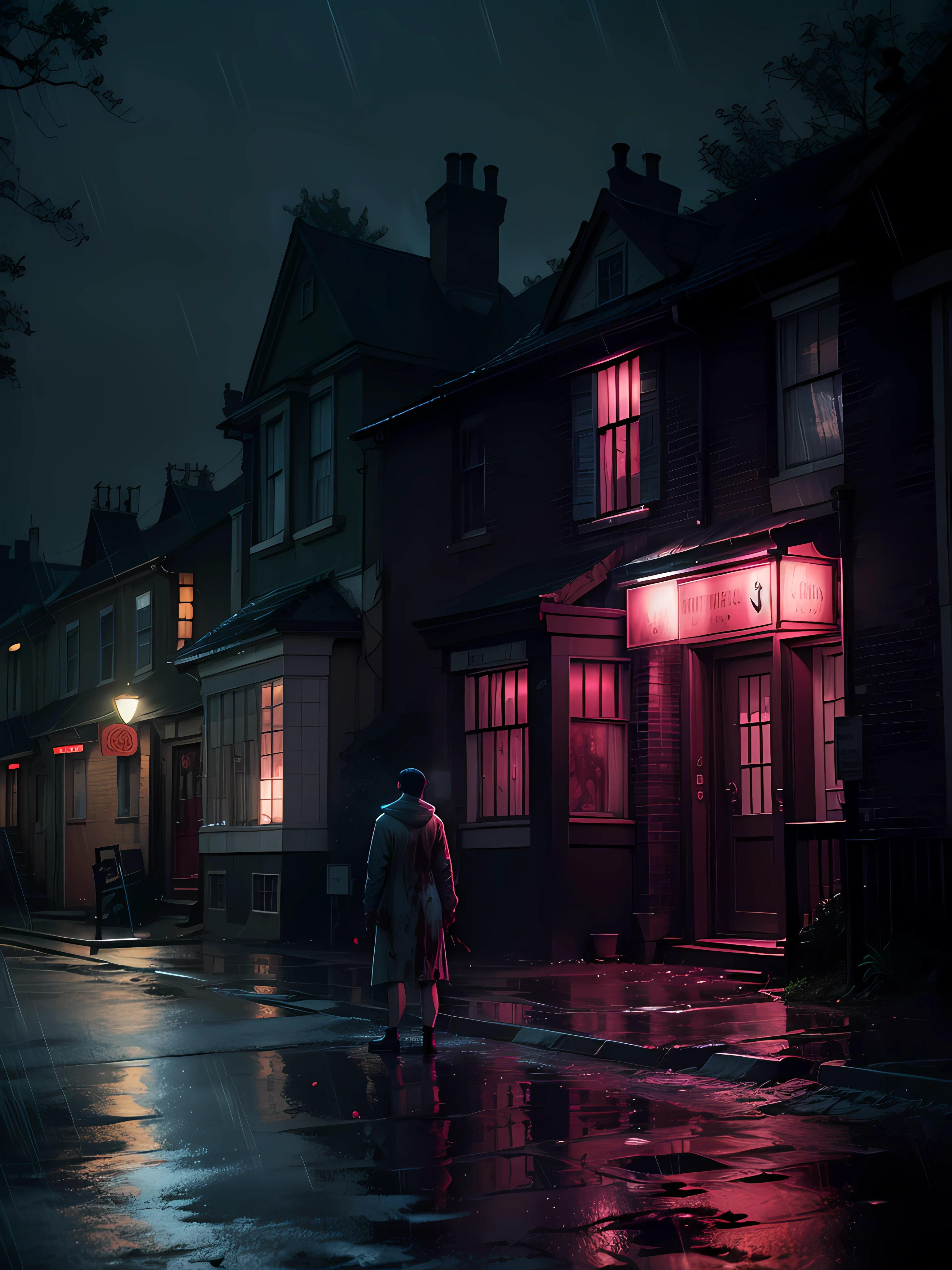 enfield poltergeist from afar, back turned, blood dripping. It is located in the middle of an enfield street at night. Dark shadows, low visibility. Heavy storm and rainfall. photo taken with provia, b-movie aesthetics, b-horror movie aesthetic.