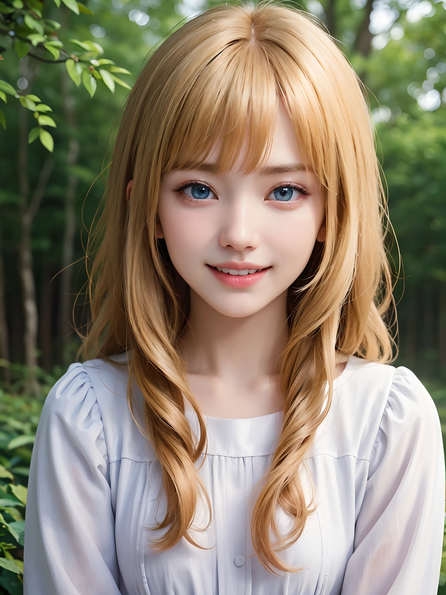 (masuter piece、Best Quality、masutepiece、Cute symmetrical face、Norse man、1 girl)、Beautiful shiny beautiful blonde hair with bangs、Intense crystal light blue eyes、no earrings、Beautiful white skin、5years old、Little pretty girl、Cute white outfit、Very pretty girl、happily laughing、Smile happily、The best smile、Beautiful teeth、Beautiful teeth alignment、Beautiful skins、Staring into the distance on the left、Forest with light on beautiful nature background、Deities々Deep forest background、cowboy  shot