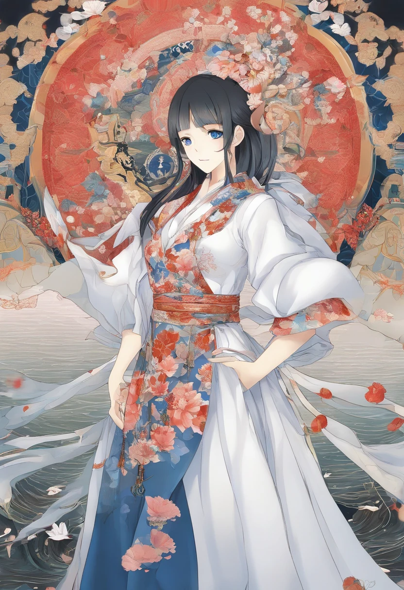 photo blanc et noir , style manga japonais , Nom : Isabella "Izzy" Ondine Apparence : Isabella is a strikingly beautiful young woman, with long ebony hair that frames her face and deep blue eyes that seem capable of capturing the soul of anyone who looks at them.. She wears an elegant and floating dress, with ocean-inspired patterns, rappelant les vagues de "One Piece". Ses mouvements sont gracieux et hypnotiques, accentuant son charme naturel. Characteristics : Izzy est connue pour son charisme exceptionnel. She has an innate power of seduction that allows her to charm anyone, qu'il s'agisse d'hommes ou de femmes, sans avoir besoin de pouvoirs surnaturels. Cependant, It prefers to use this ability sparingly and only when necessary., because she prefers to be appreciated for her personality and skills rather than for her charm..