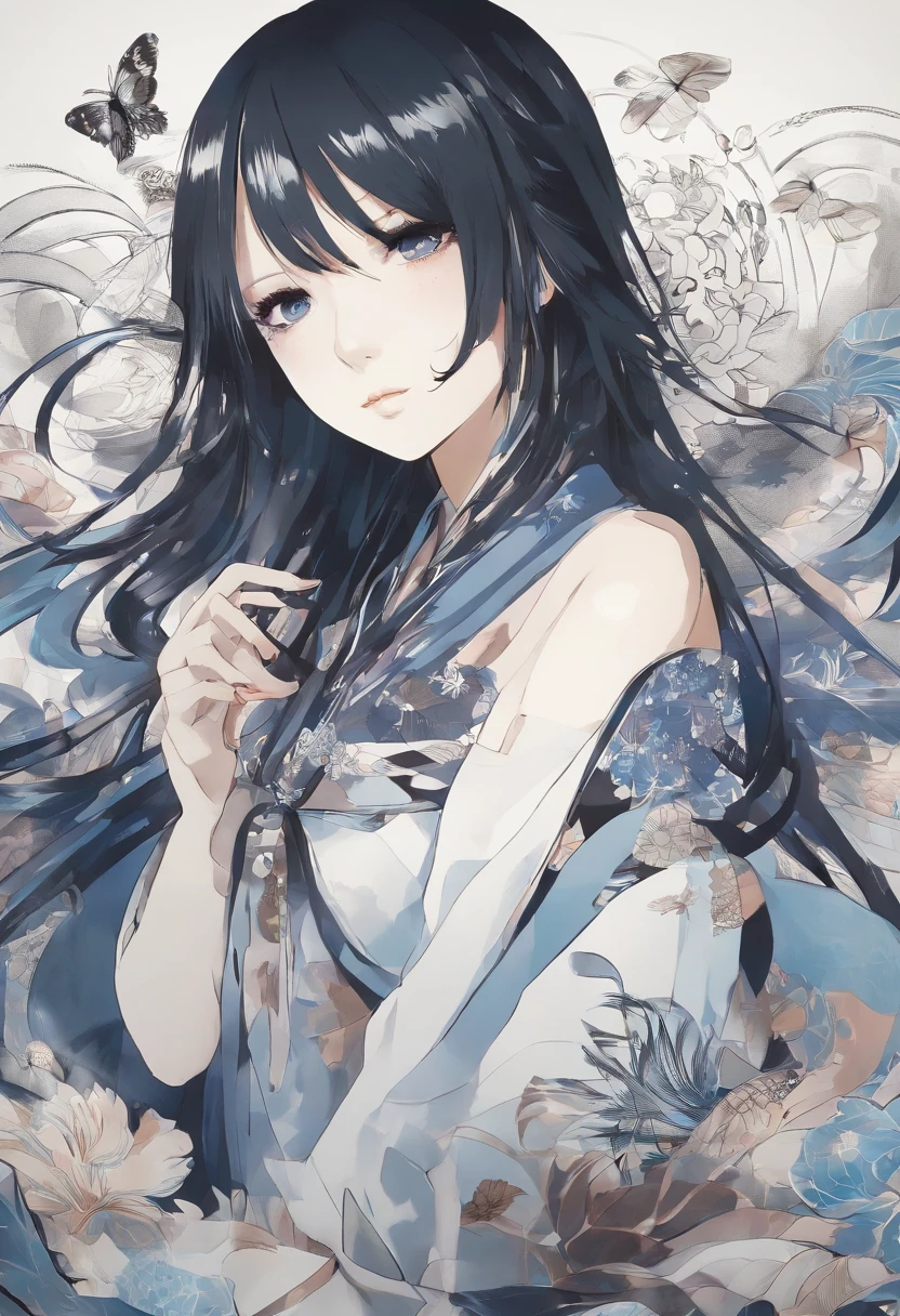 photo blanc et noir , style manga japonais , Nom : Isabella "Izzy" Ondine Apparence : Isabella is a strikingly beautiful young woman, with long ebony hair that frames her face and deep blue eyes that seem capable of capturing the soul of anyone who looks at them.. She wears an elegant and floating dress, with ocean-inspired patterns, rappelant les vagues de "One Piece". Ses mouvements sont gracieux et hypnotiques, accentuant son charme naturel. Characteristics : Izzy est connue pour son charisme exceptionnel. She has an innate power of seduction that allows her to charm anyone, qu'il s'agisse d'hommes ou de femmes, sans avoir besoin de pouvoirs surnaturels. Cependant, It prefers to use this ability sparingly and only when necessary., because she prefers to be appreciated for her personality and skills rather than for her charm..