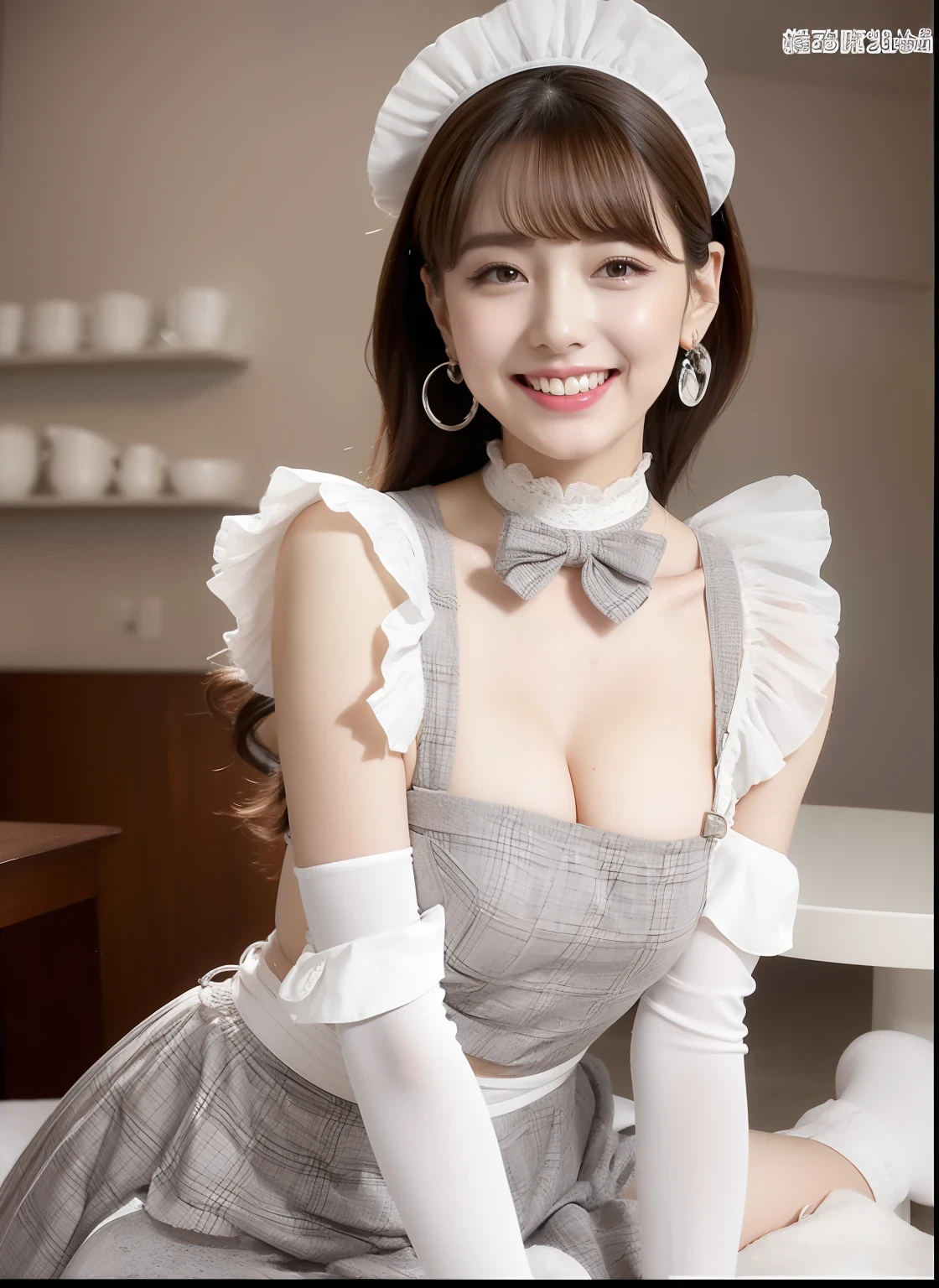 Wearing the sexiest checked maid outfit in the world,Z Cup Big,Sculpture model attracts, (1girl in:1.3)、photos realistic、Photorealsitic:1.4 Official art、ultra-detailliert、Beautiful and aesthetic、Beautiful fece、masterpiece、top-quality、sitted、Spread your legs、Colossal tits、(barechested)、The cutest maid choker in the world、The cutest gloves in the world、Beautiful skin、The cutest earrings in the world、Cute smile、At the cutest café in the world、The cutest gravure idol pose in the world、The most attractive body in the world、Short-cut hairstyles、Looking back、爆乳