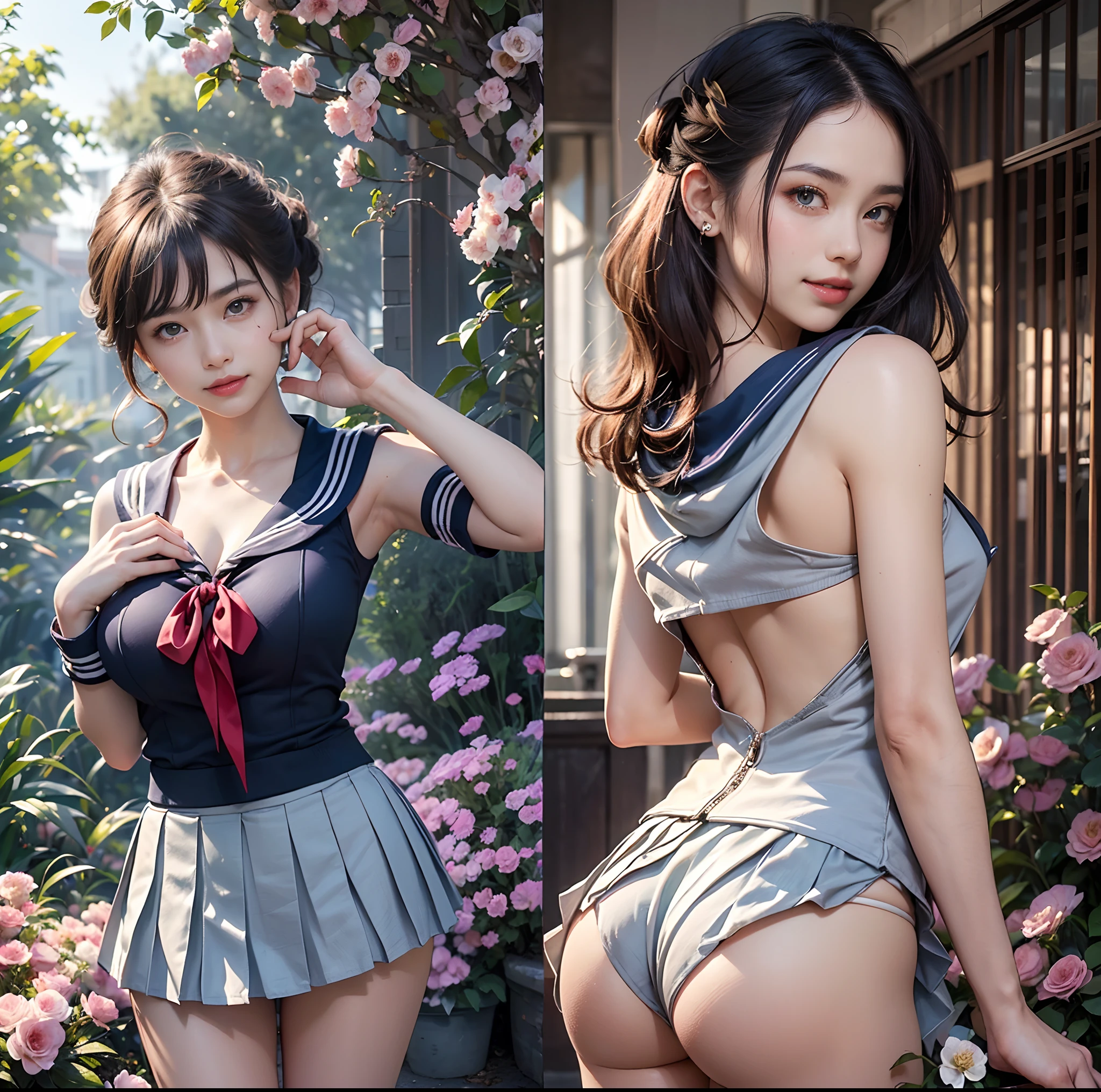 (top-quality)、 (masterpiece)、(Professional lighting with fewer shadows)、 (A hyper-realistic)、 (perfect anatomia)、 (In front of the camera、There are two women、Forward and backward、Crying Kuroko、That and bangs and forehead), ( Huge breasts:1.3), (Bright and even whitening skin without wrinkles and steps), (Beautiful blue eyes with long eyelashes and red tear bags)、 (Her outfit is a cramped sailor suit、Too short micro mini pleated skirt is directly on her naked body:1.5), (Two people are surrounded by flowers, Face the front in front of the camera and proudly stick out your chest:1.3), (Another person on the other side、arcuatewith waist, Turn your back and expose your proud big ass:1.2), (One hand behind the head, A beautiful face is a beautiful smile with lowered eyebrows:1.3),
