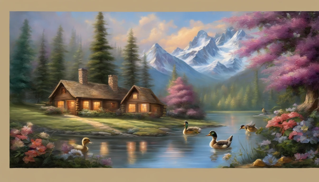 painting of a cabin by a river with a mountain in the background, ((flowers aside of fence, ducklings are in the water,)), peaceful scene, peaceful landscape, in a serene landscape, scenery artwork, highly detailed oil-painting, beautiful oil matte painting, tranquil scene, style of Thomas Kinkade, breathtaking masterpiece of art, dream scenery art, thomas kinkade style painting, 8k high Res, hyper detailed, impasto.