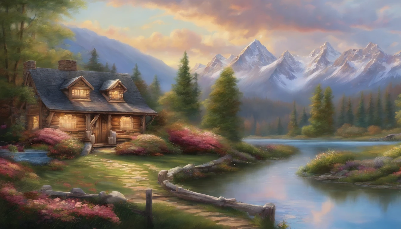 painting of a cabin by a river with a mountain in the background, ((flowers aside of fence, ducklings are in the water,)), peaceful scene, peaceful landscape, in a serene landscape, scenery artwork, highly detailed oil-painting, beautiful oil matte painting, tranquil scene, style of Thomas Kinkade, breathtaking masterpiece of art, dream scenery art, thomas kinkade style painting, 8k high Res, hyper detailed, impasto.