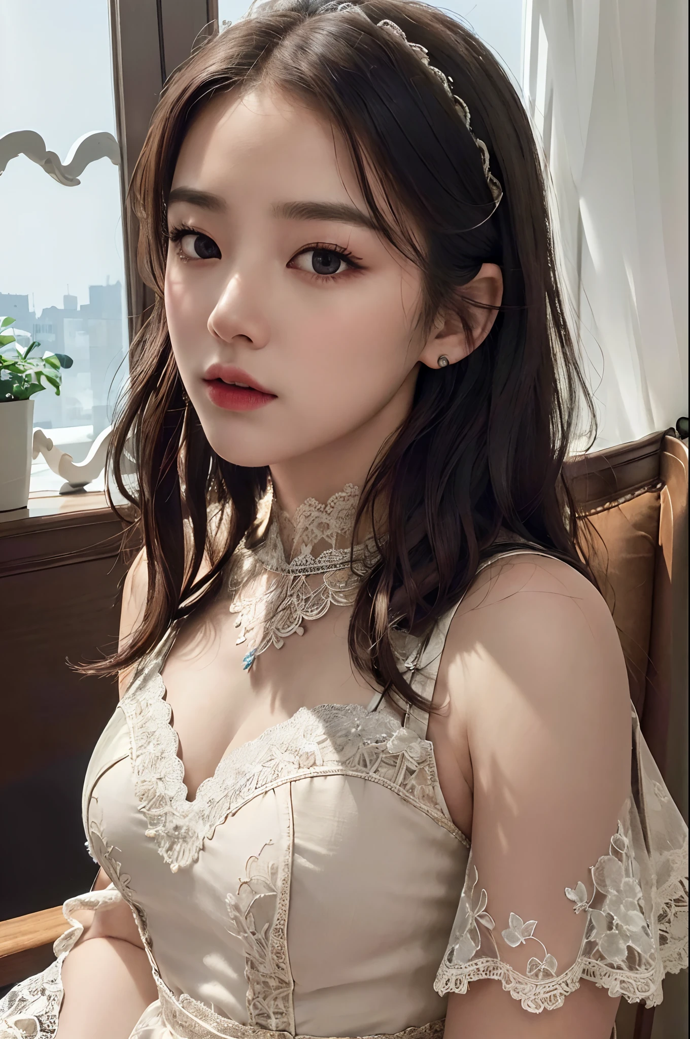 1girl, korean kpop idol and model ,23 years old,soft body, fair skin,close-up, 8k, RAW photo, best quality, masterpiece,realistic, photo-realistic,cute, elegant lace up dress , earrings, artistic beret hat, High image quality, full body, choker , garter